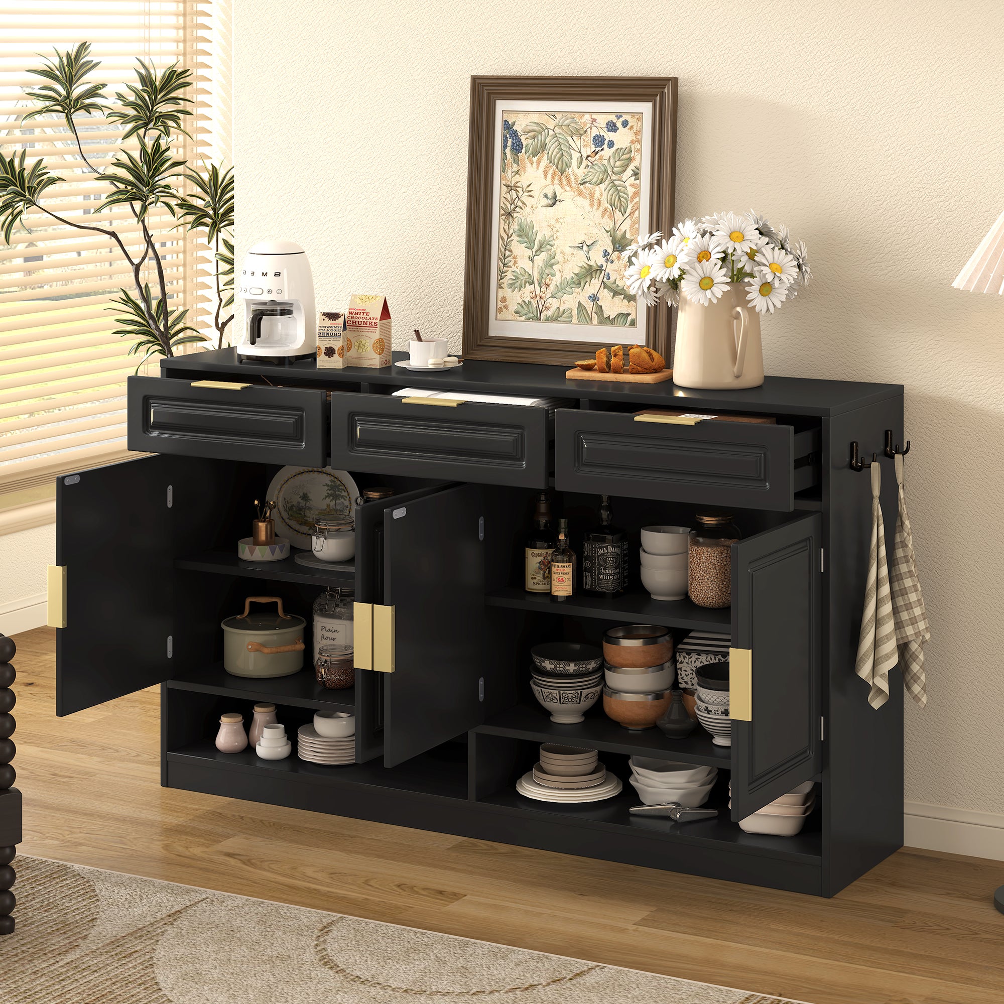 U-Style Farmhouse Sideboard with 3 Drawers & 4 Doors,59.1' Multi-Functional Storage Buffet with Adjustable Shelf and Open Storage Compartments, Suitable for Dining Room, Living Room, Entryway. - Grand Goldman Shop