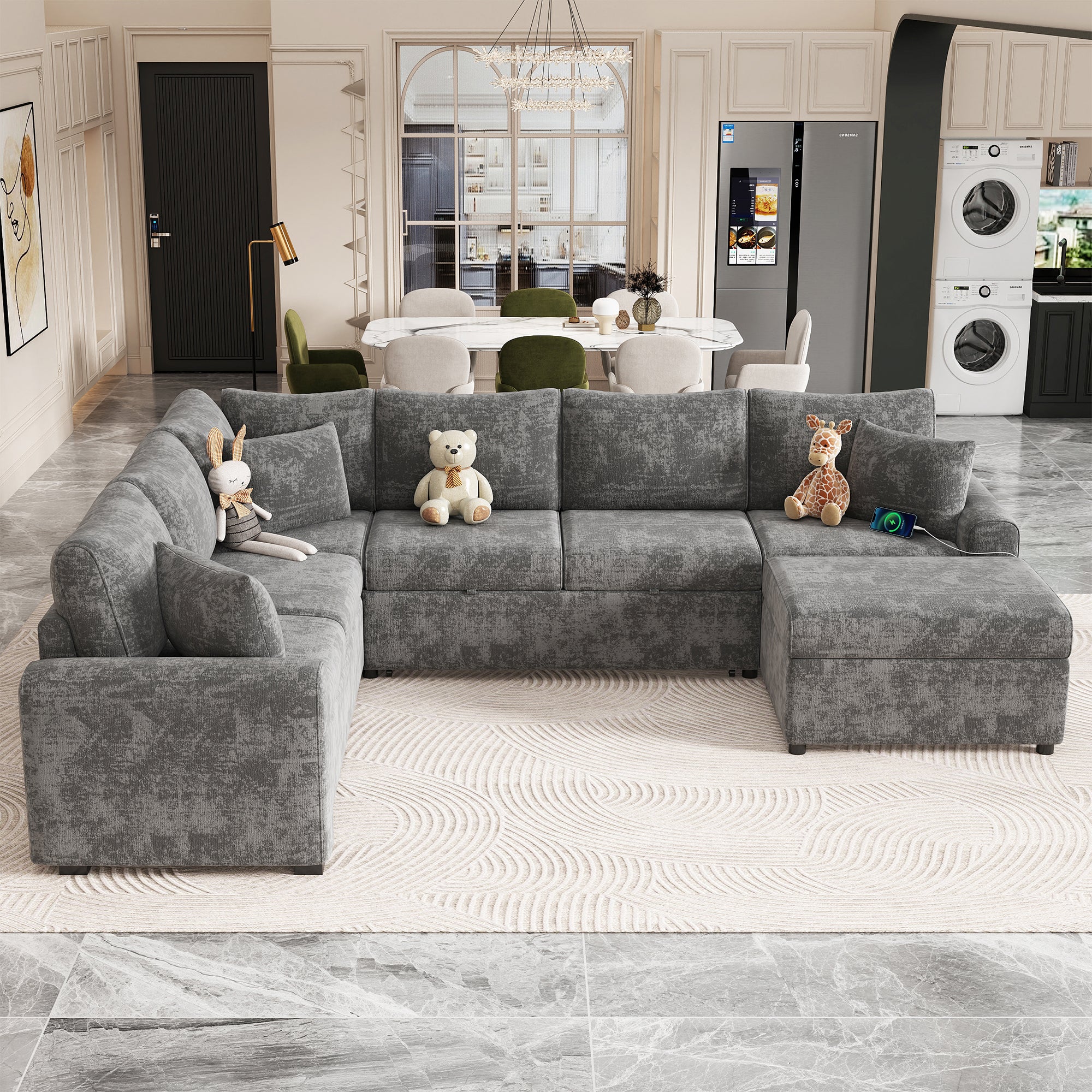 Modern Sectional Sofa Pull-out Sleeper with Storage Ottoman, USB Charging, Grey Tweed Chenille, 112.2' - Grand Goldman Shop