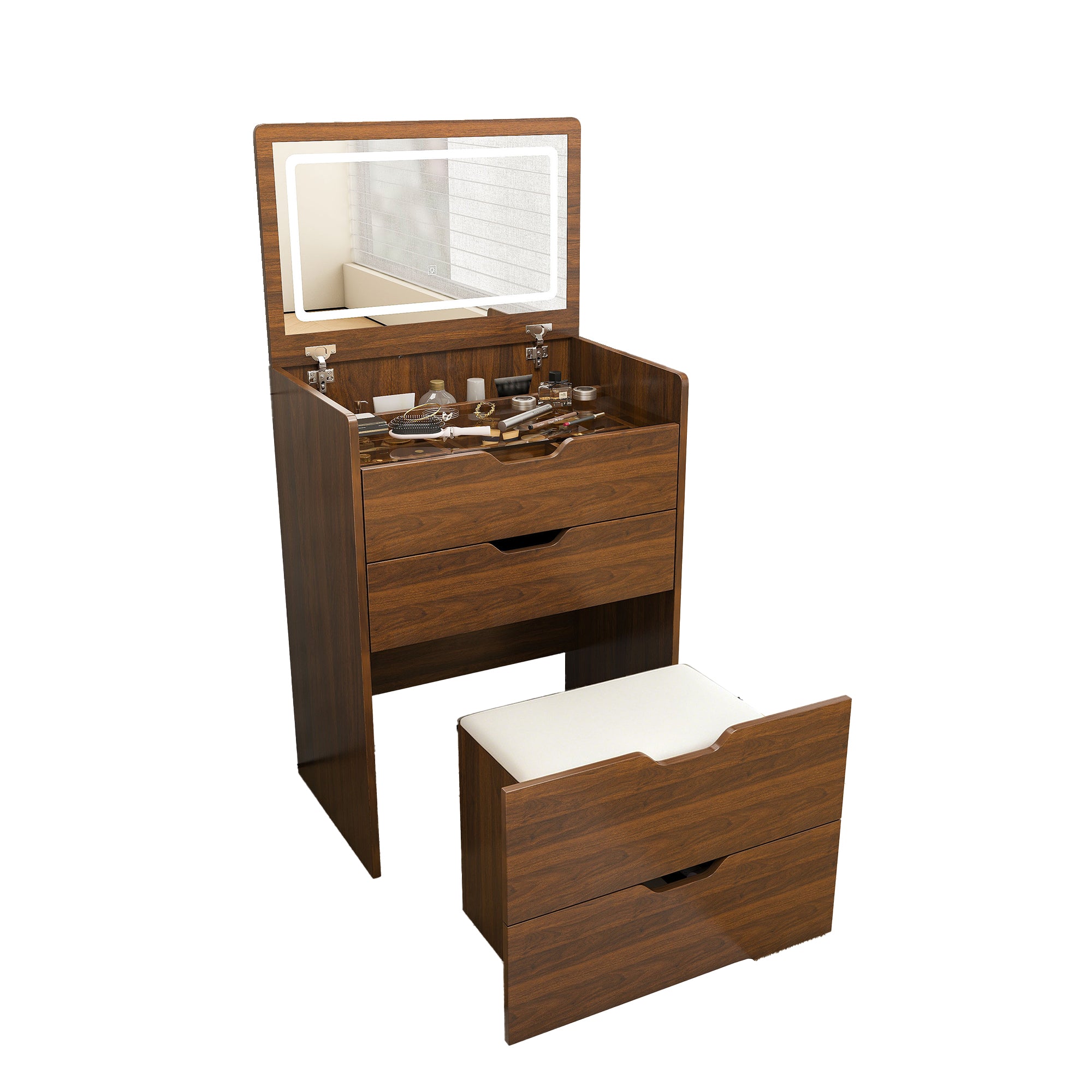 3-in-1 Vanity Desk with Flip Top Lighted Mirror & Storage Stool, Compact Makeup Dressing Table in Walnut Finish, 23.62L - Grand Goldman Shop