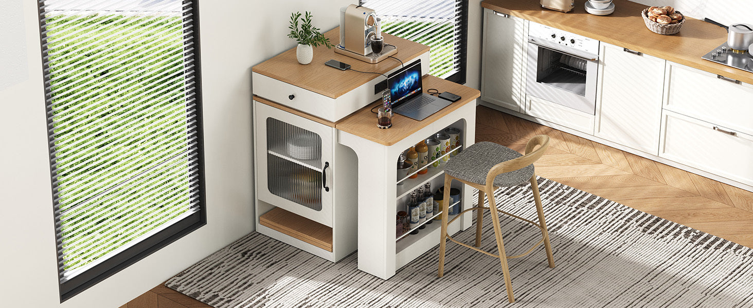 K&K 59.5' Kitchen Island with Extendable Dining Table, Kitchen Storage Table with Double-sided Storage, Kitchen Island with 2 Drawers, Power Outlet, Side Open Shelves, for Kitchen, Dining Room, White - Grand Goldman Shop