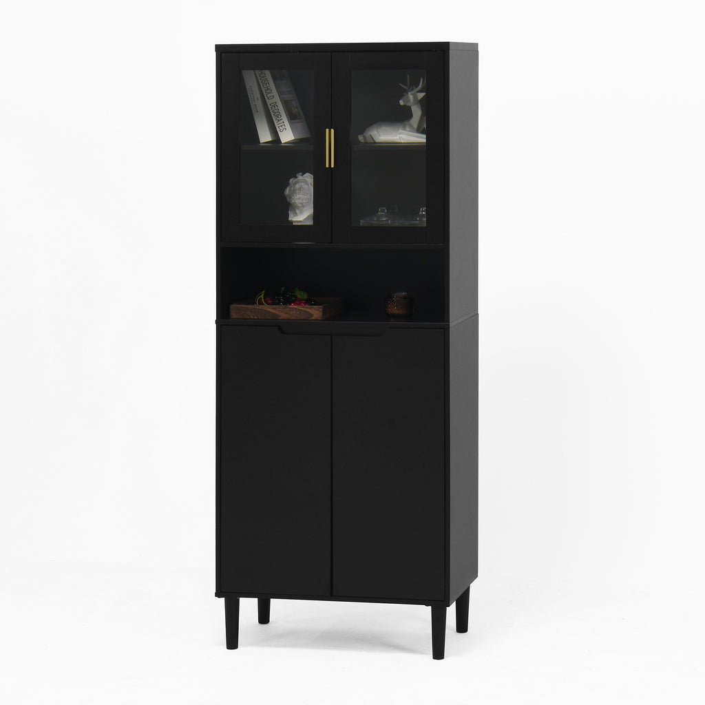 Tempered Glass Door Tall Storage Bookcase with adjustable board, 4 doors MDF painting finished cabinet, Black, Living room Bedroom storage - Grand Goldman Shop