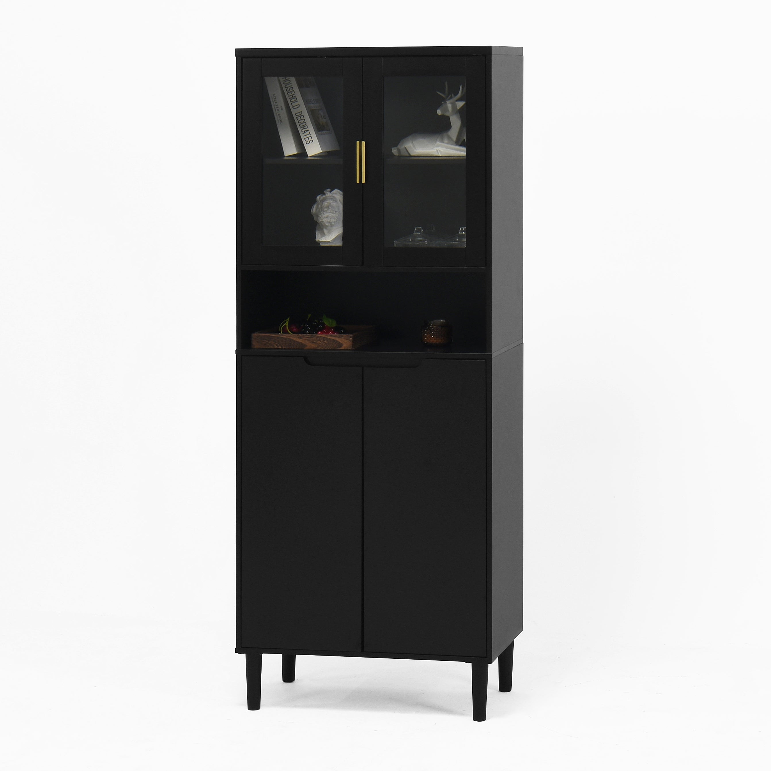 Tempered Glass Door Tall Storage Bookcase with adjustable board, 4 doors MDF painting finished cabinet, Black, Living room Bedroom storage - Grand Goldman Shop