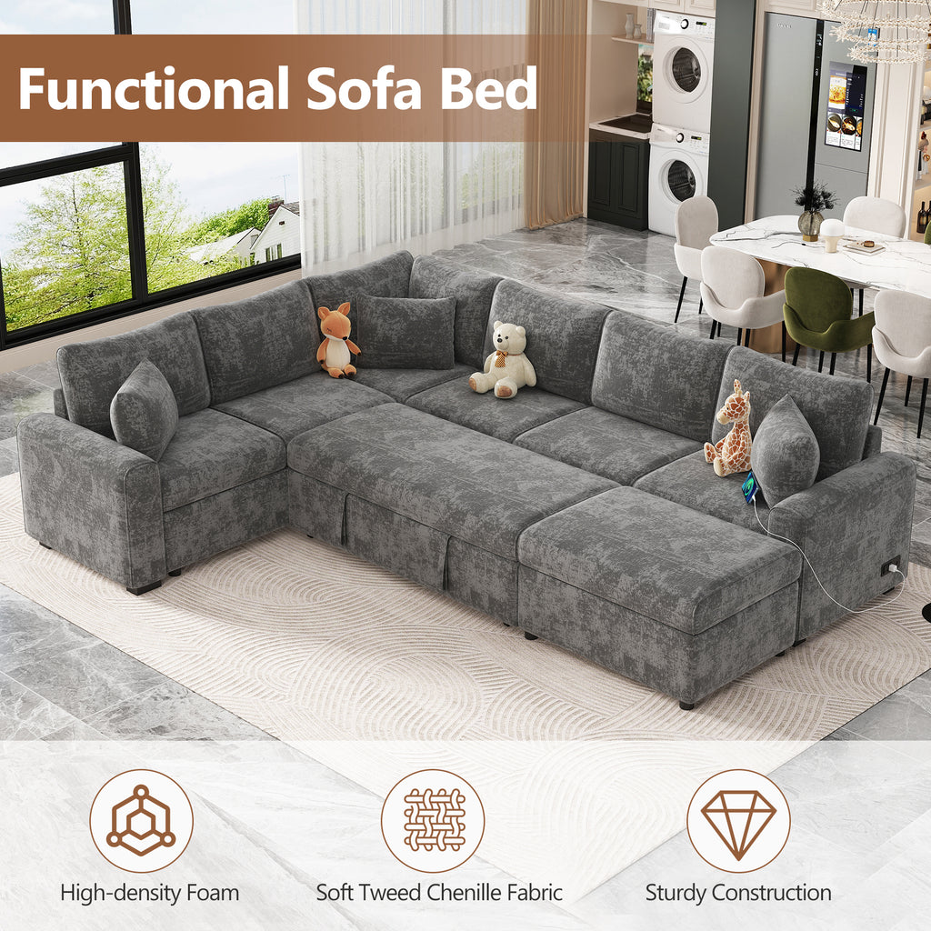 Modern Sectional Sofa Pull-out Sleeper with Storage Ottoman, USB Charging, Grey Tweed Chenille, 112.2' - Grand Goldman Shop