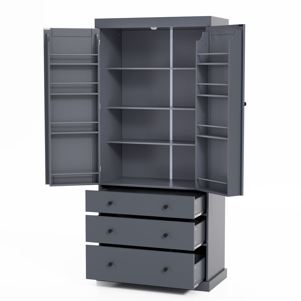 [Assembly Video Provided]TOPMAX 77inch Farmhouse Kitchen Pantry, Freestanding Tall Cupboard Storage Cabinet with 3 Adjustable Shelves, 8 Door Shelves, 3 Drawers for Kitchen, Dining Room, Gray - Grand Goldman Shop