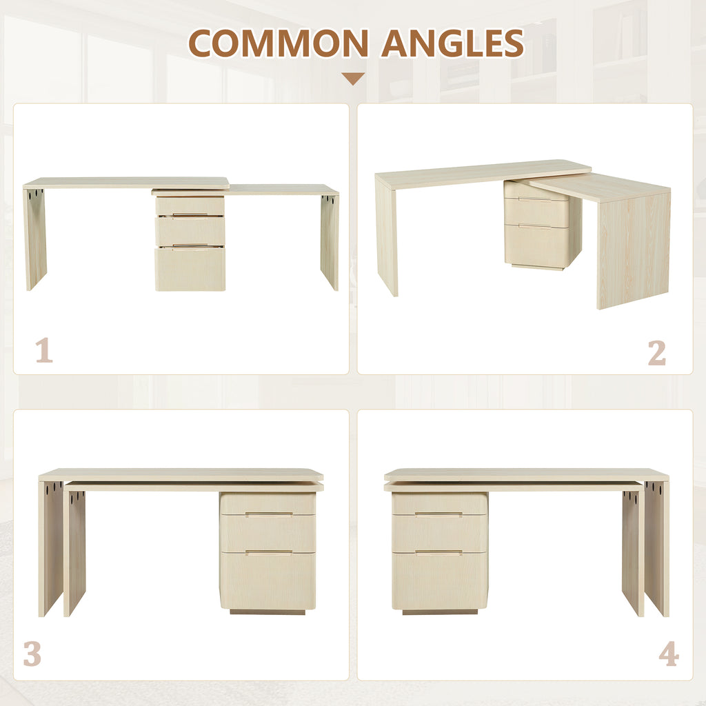90' Modern L Shaped Desk in Natural Wood with 3 Drawers,360° Wood Rotating Desk,Executive Office Desk,Corner Desk,Office Stud