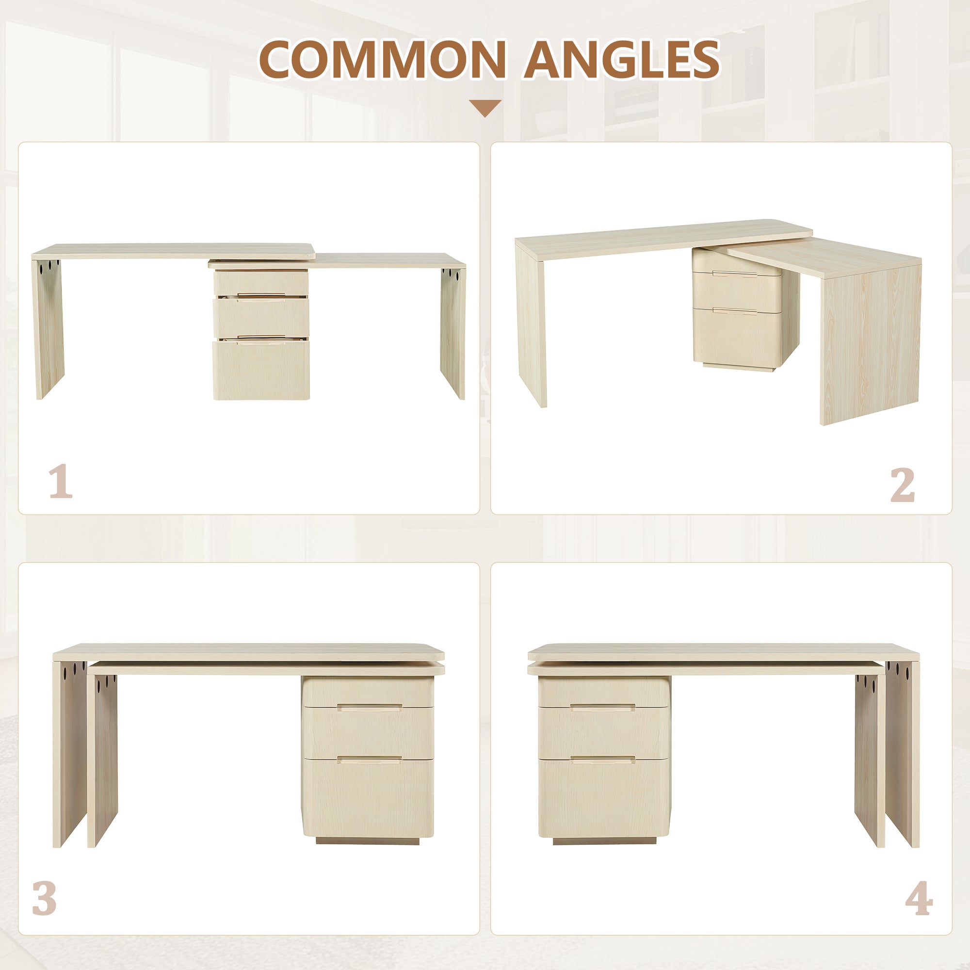 90' Modern L Shaped Desk in Natural Wood with 3 Drawers,360° Wood Rotating Desk,Executive Office Desk,Corner Desk,Office Stud