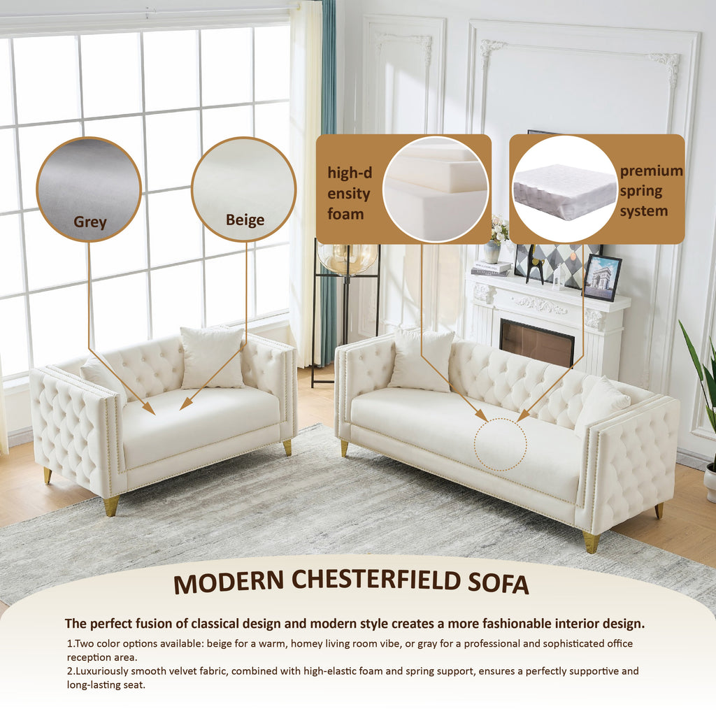 58'Chesterfield Velvet Sofa,2 Seater Deep Seat Sofa,Modern Sofa with Button Nailhead,Square Arm Couches,Furniture for Living Room,Bedroom,Office(Beige) - Grand Goldman Shop