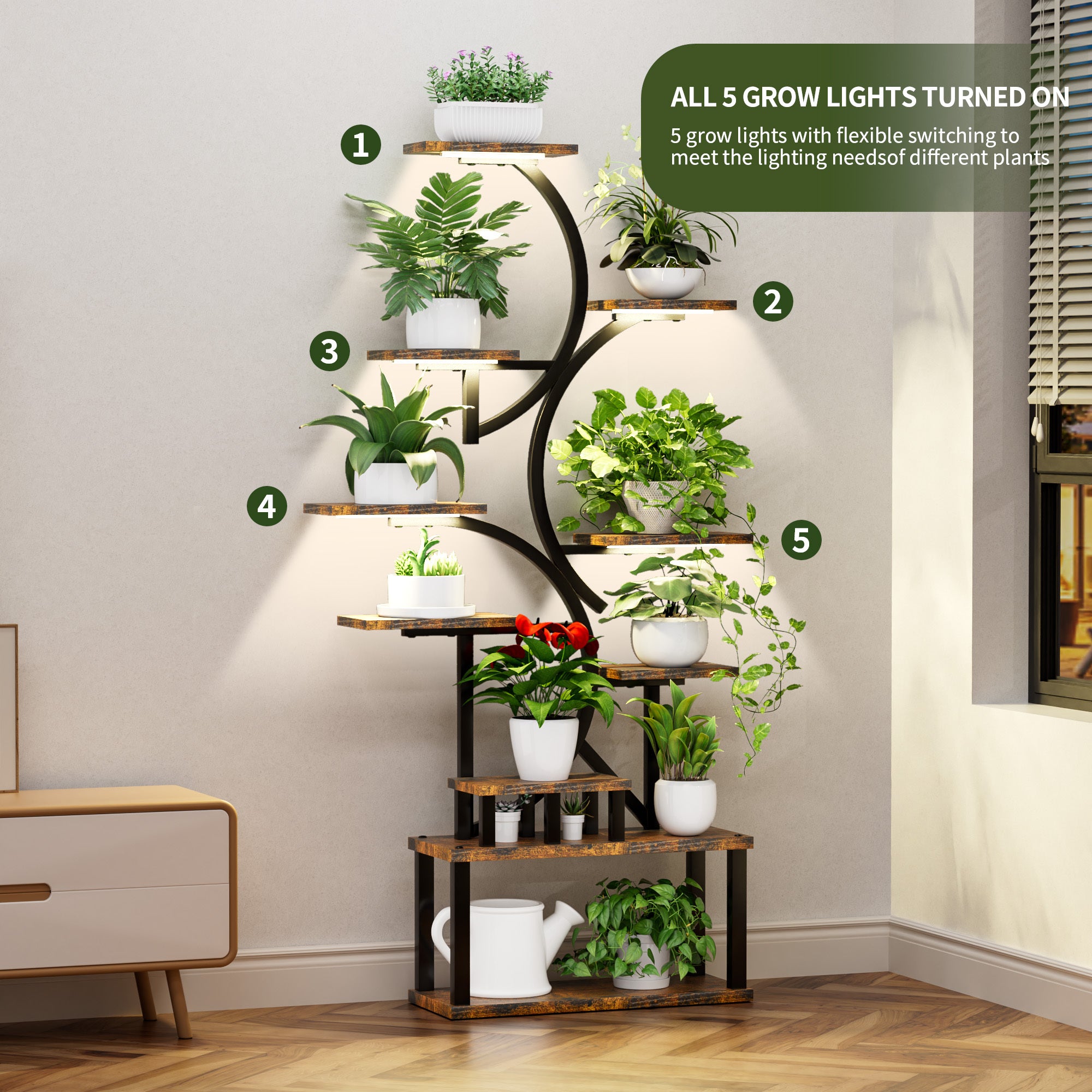 S-Shaped 10-Tier Plant Stand with 5 Grow Lights in Deep Rustic Brown, MDF and Steel, 68.5' Tall for Indoor Plants - Grand Goldman Shop