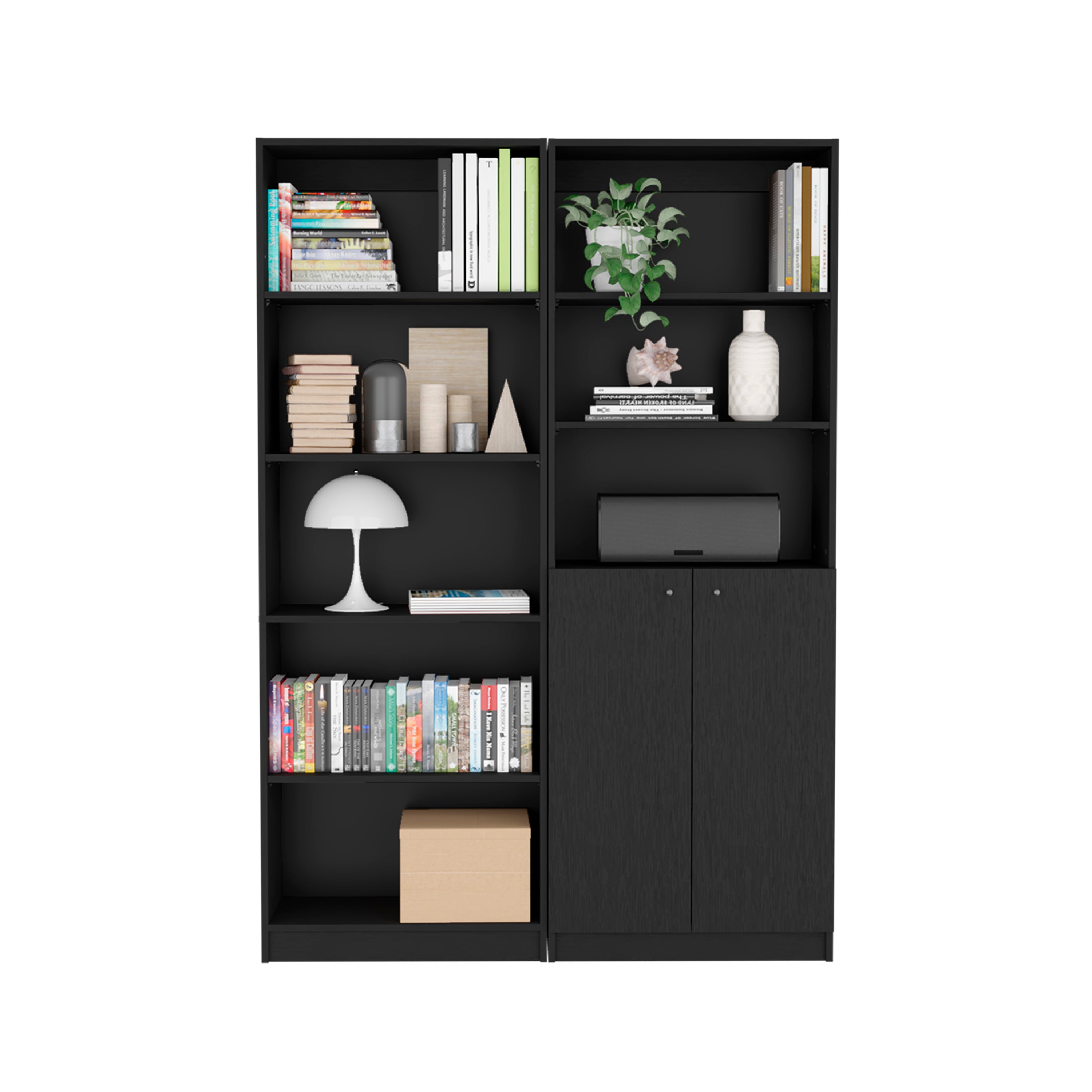 Layton 2 Piece Home Bookcase set, 49' Wide with 8 Shelves and Double Door Cabinet, Living Room Set Black | Premium Home Decor