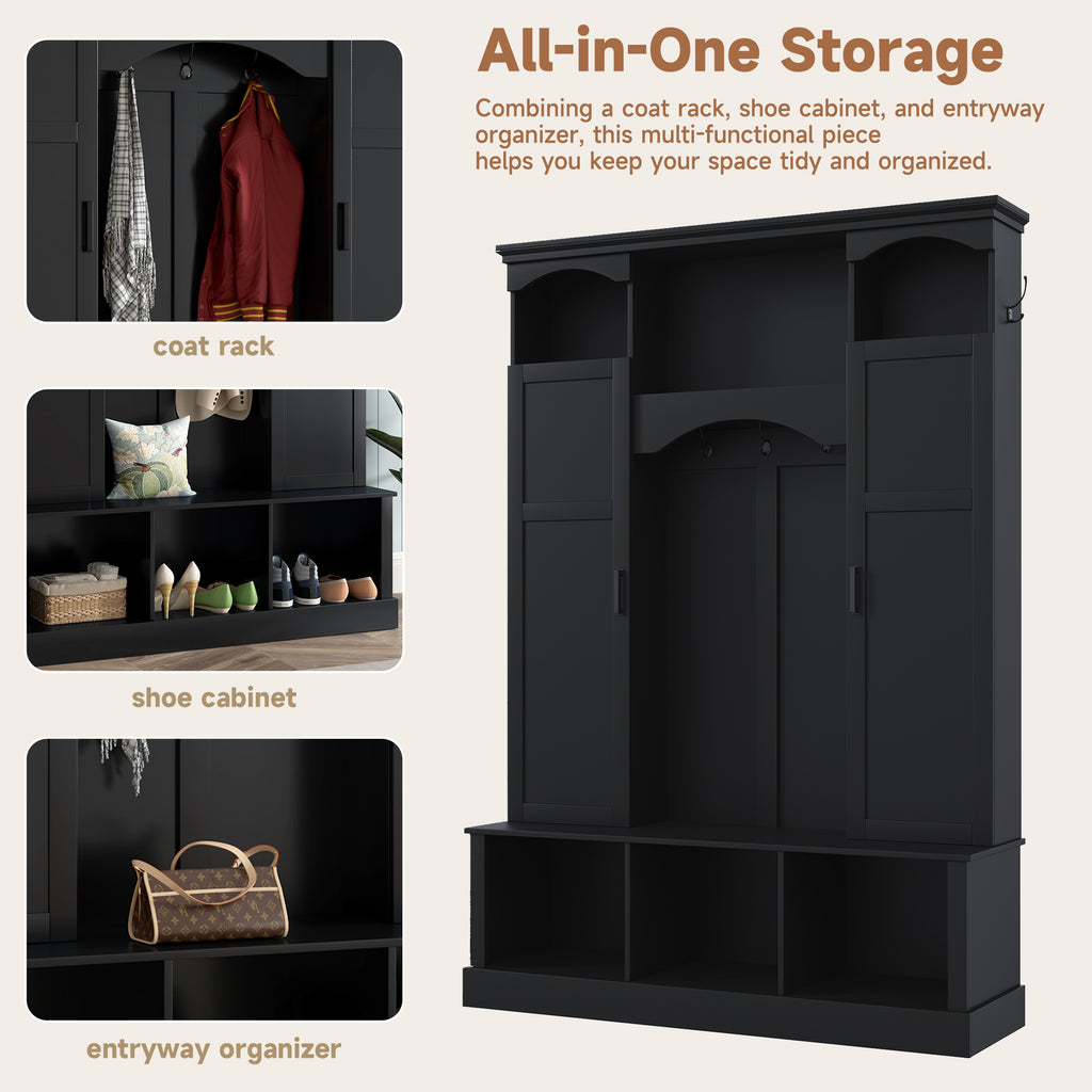 ON-TREND Modern All-in-One Hall Tree with Adjustable Shelves, Classic Arched Farmhouse Storage Bench with Dual Side Cabinets, Elegant Entryway Organizer with 7 Hooks for Mudroom, Hallway, Black - Grand Goldman Shop