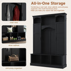 ON-TREND Modern All-in-One Hall Tree with Adjustable Shelves, Classic Arched Farmhouse Storage Bench with Dual Side Cabinets, Elegant Entryway Organizer with 7 Hooks for Mudroom, Hallway, Black - Grand Goldman Shop