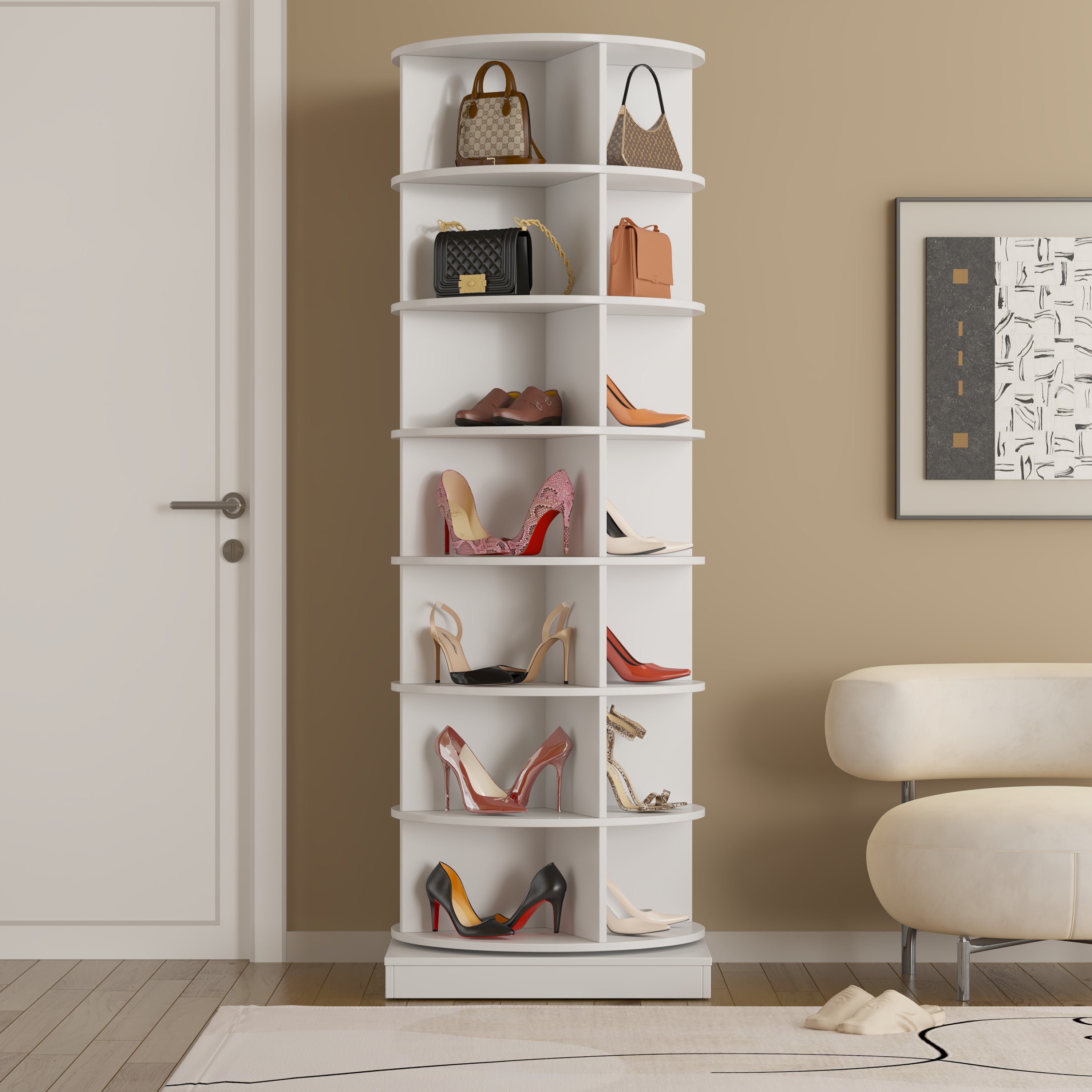 Modern 360 Rotating Shoe Cabinet 7 Layers Space Saver White Particle Board MDF - Grand Goldman Shop