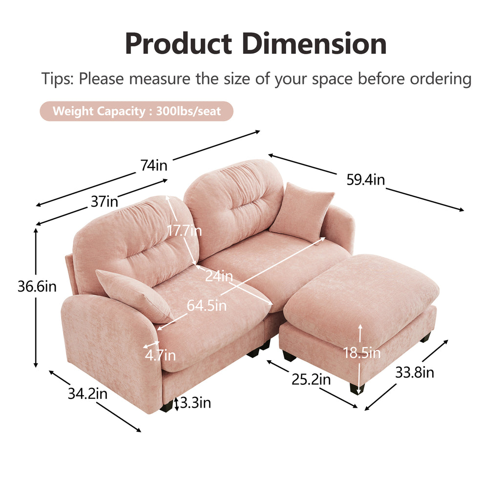 Cloud Sectional L-Shaped Couch With Ottoman,Soft Chenille Fabric,Quilted Pleated Design High-Density Foam,Fits Bedrooms Living Rooms Reading Nooks,Pink - Grand Goldman Shop