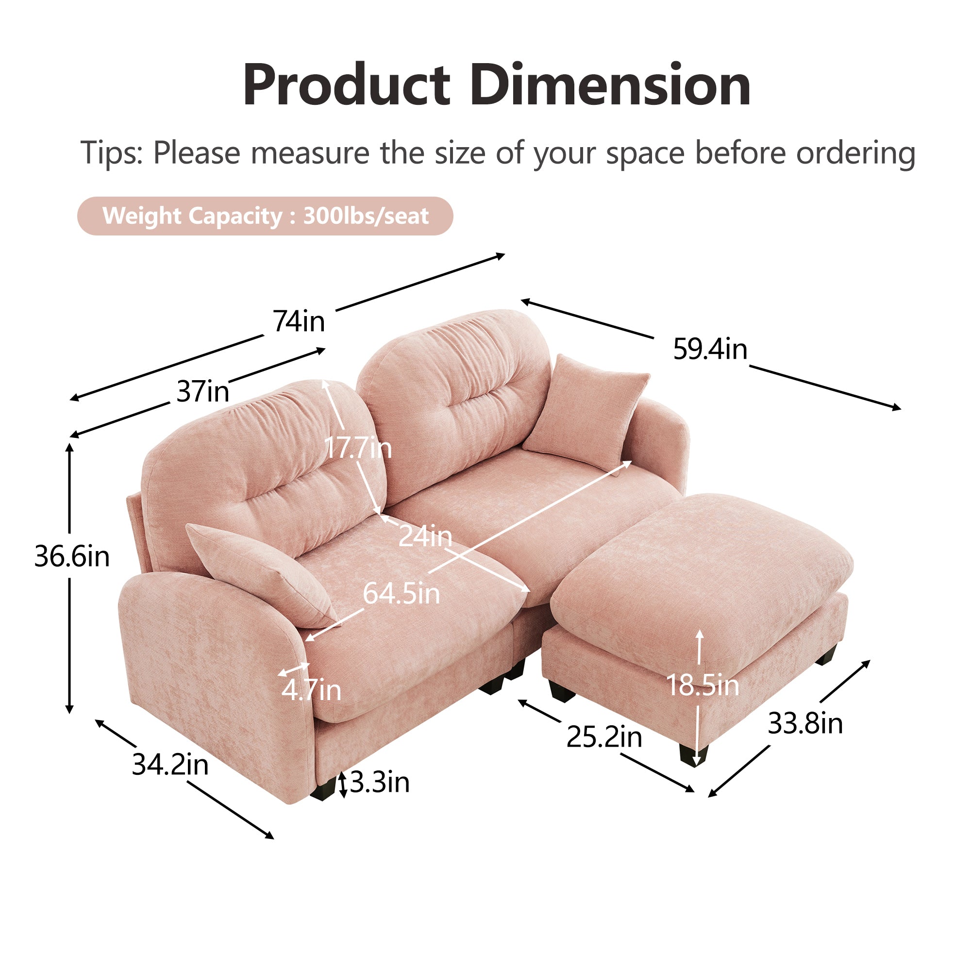 Cloud Sectional L-Shaped Couch With Ottoman,Soft Chenille Fabric,Quilted Pleated Design High-Density Foam,Fits Bedrooms Living Rooms Reading Nooks,Pink - Grand Goldman Shop