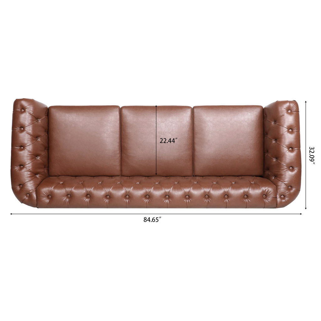 Classic Chesterfield Three Seater Sofa Brown PU Leather with Rolled Arms and Birch Legs 84.65 Inches - Grand Goldman Shop