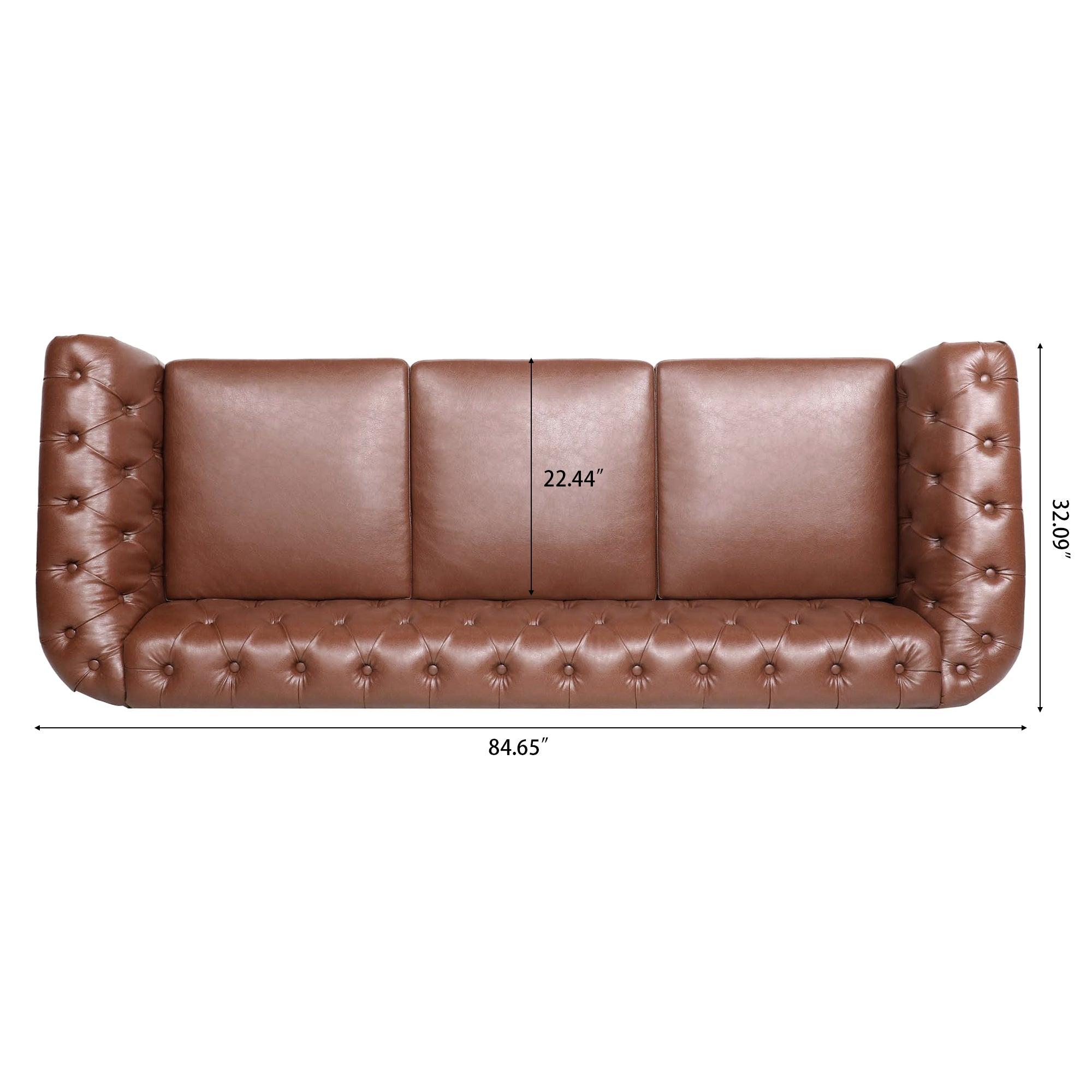 Classic Chesterfield Three Seater Sofa Brown PU Leather with Rolled Arms and Birch Legs 84.65 Inches - Grand Goldman Shop