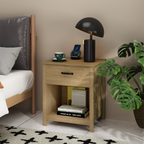 Wood Nightstand with Drawer and Open Shelf, Modern Bedside Table with Storage, Wooden End Table for Bedroom, Living Room or Apartment, Natural Finish, Brown - Grand Goldman Shop