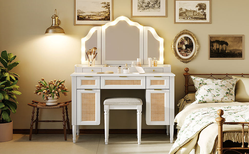 44.37 ' Makeup Vanity Desk with 13 Hollywood Bulbs and 3 Lighting Modes, Dressing Table with Tri-Fold Mirror   Large Vanity Table with 5 Drawers and Shelves and  Charging Station for Bedroom, White - Grand Goldman Shop