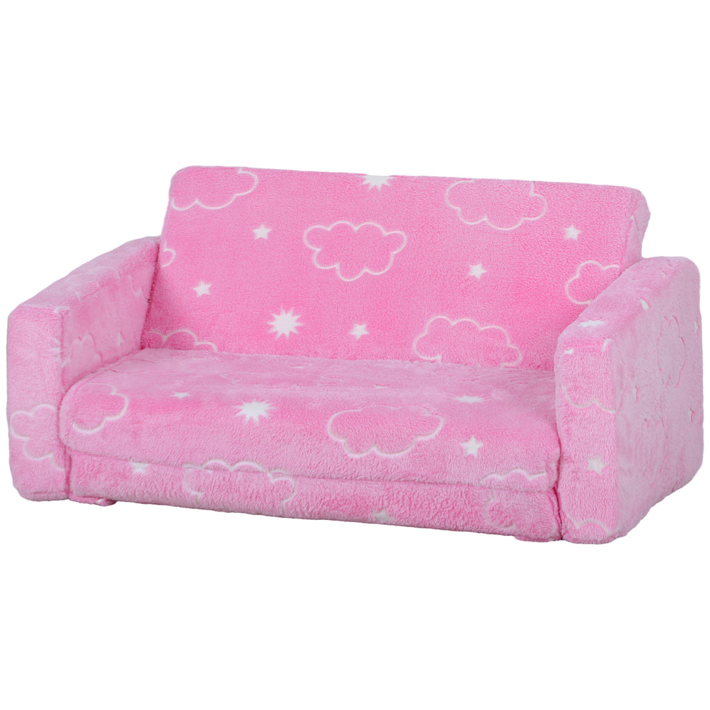 Qaba 2 in 1 Kids Sofa Chair, Toddler Couch with Glow in The Dark Cosmic Patten, Washable Cover, Fold Out Convertible Sofa to 