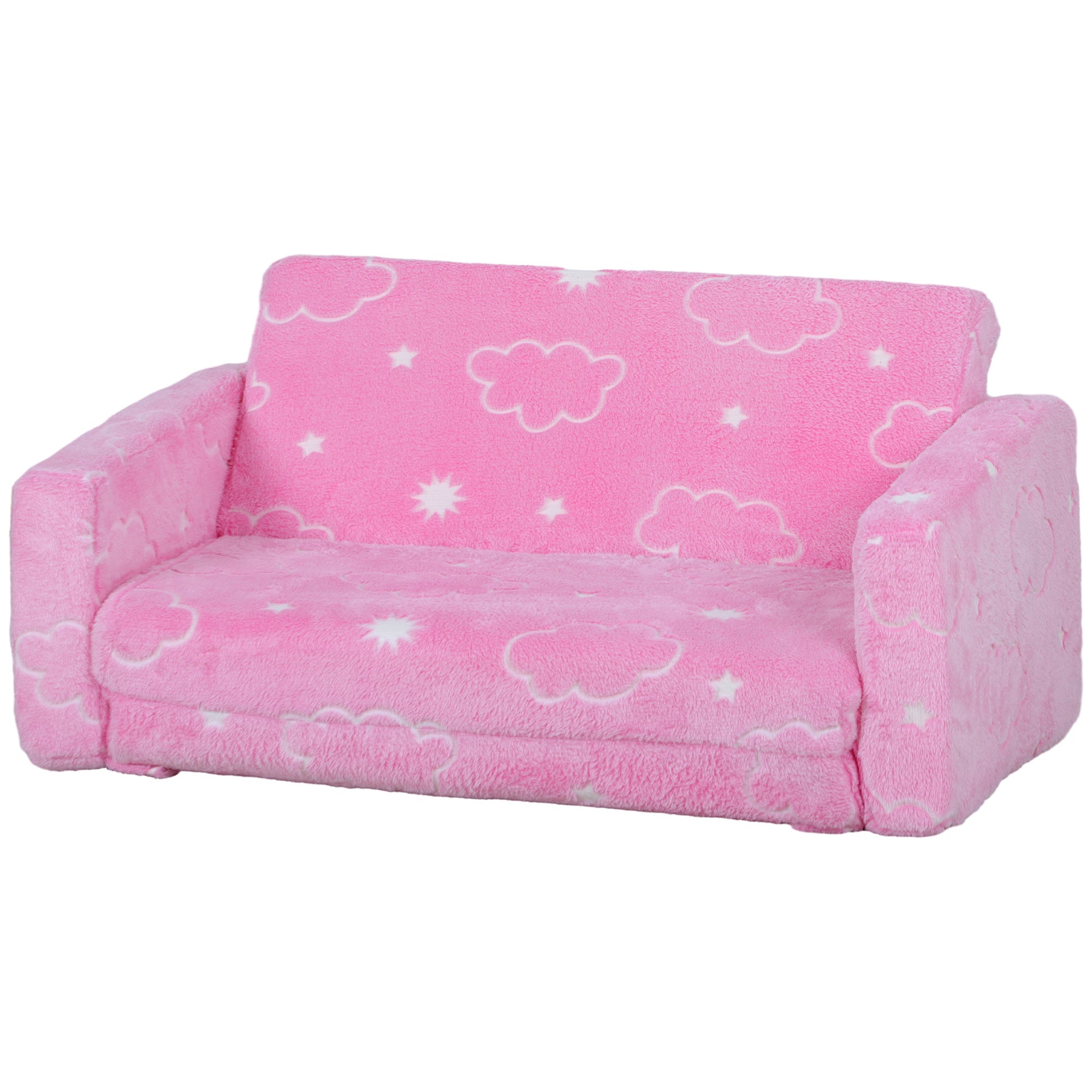 Qaba 2 in 1 Kids Sofa Chair, Toddler Couch with Glow in The Dark Cosmic Patten, Washable Cover, Fold Out Convertible Sofa to 