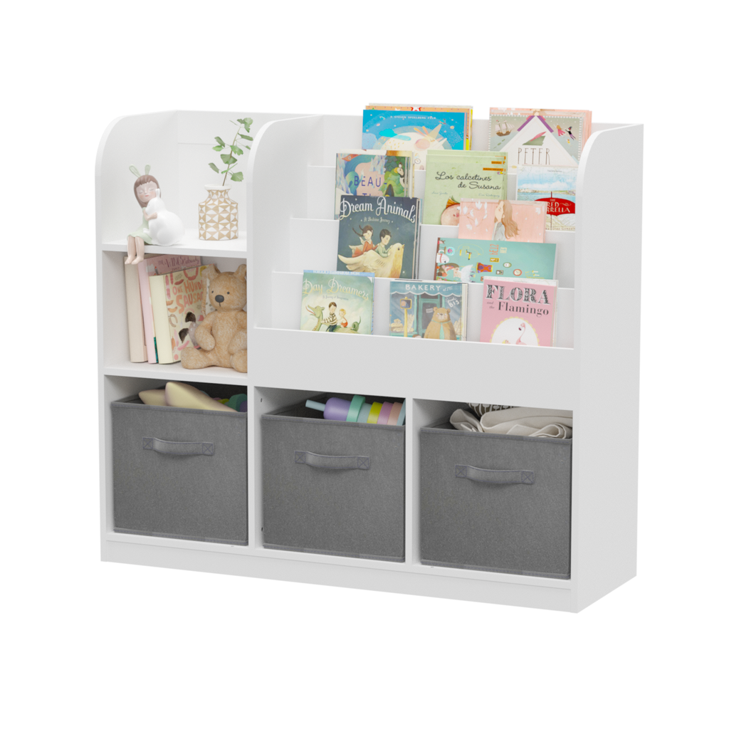 Kids Bookcase and Bookshelf with 3 Collapsible Fabric Drawers, Multifunctional Display Stand for Bedroom, Playroom, Hallway i