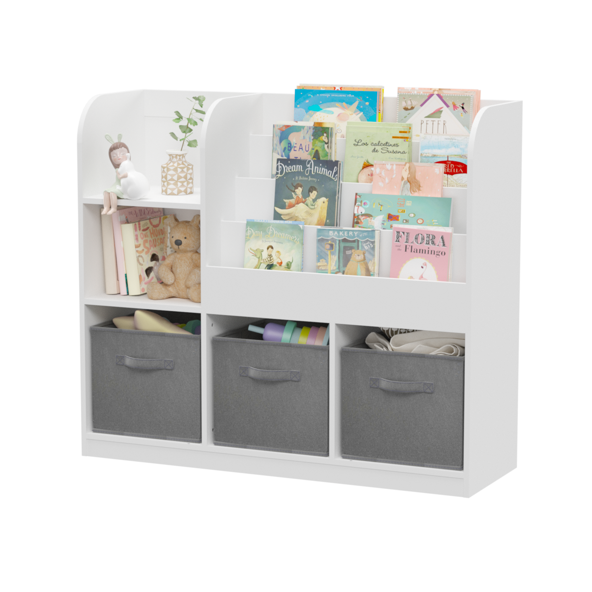 Kids Bookcase and Bookshelf with 3 Collapsible Fabric Drawers, Multifunctional Display Stand for Bedroom, Playroom, Hallway i