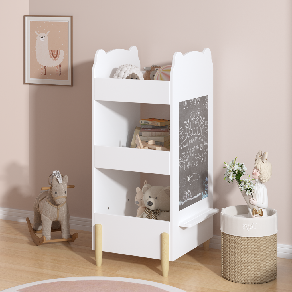 Kids Bookshelf with Chalkboard Side – Bear-Shaped Wooden Bookcase with 3-Tier Storage, Drawing Board for Toddlers, Toy and Bo