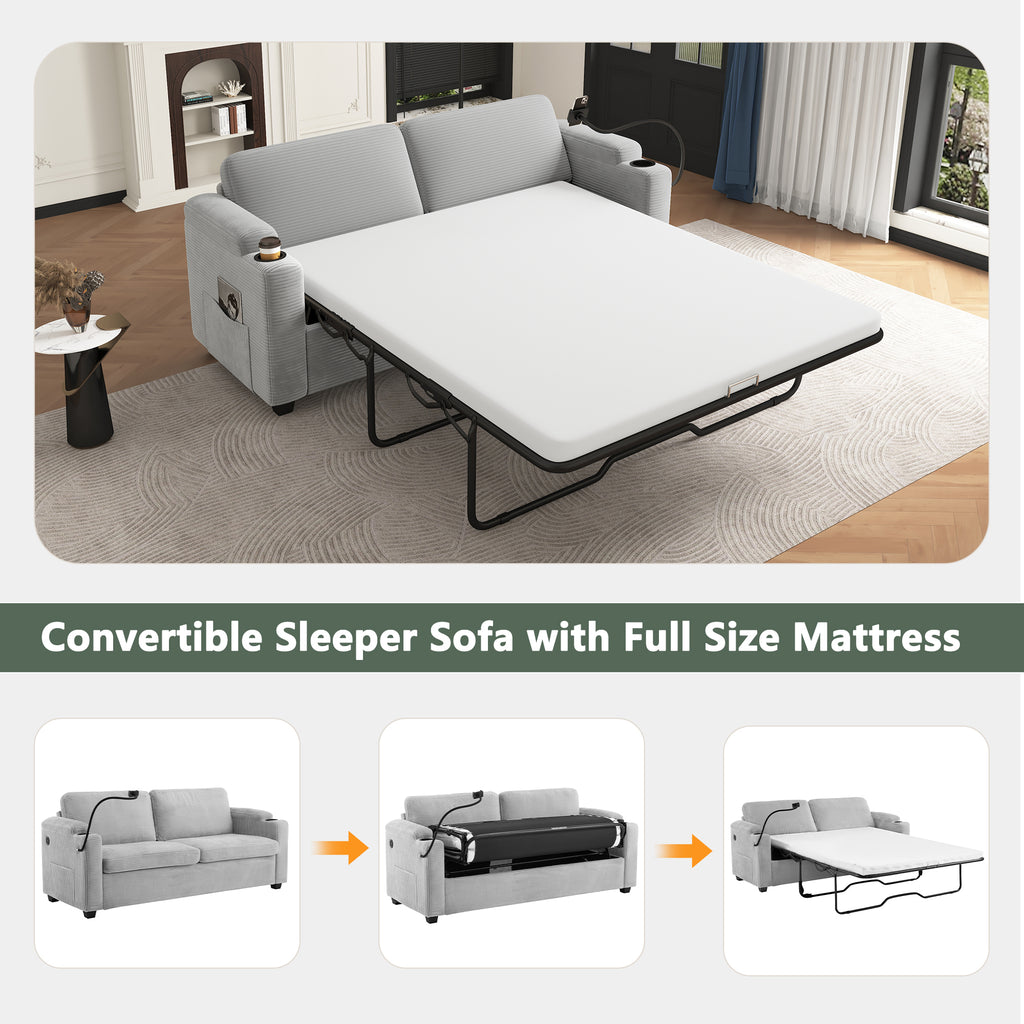 Corduroy Sleeper Sofa Loveseat with Full Size Mattress, USB Ports, Cup Holders, Side Pockets, and Phone Holder, Grey - Grand Goldman Shop