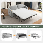 Corduroy Sleeper Sofa Loveseat with Full Size Mattress, USB Ports, Cup Holders, Side Pockets, and Phone Holder, Grey - Grand Goldman Shop