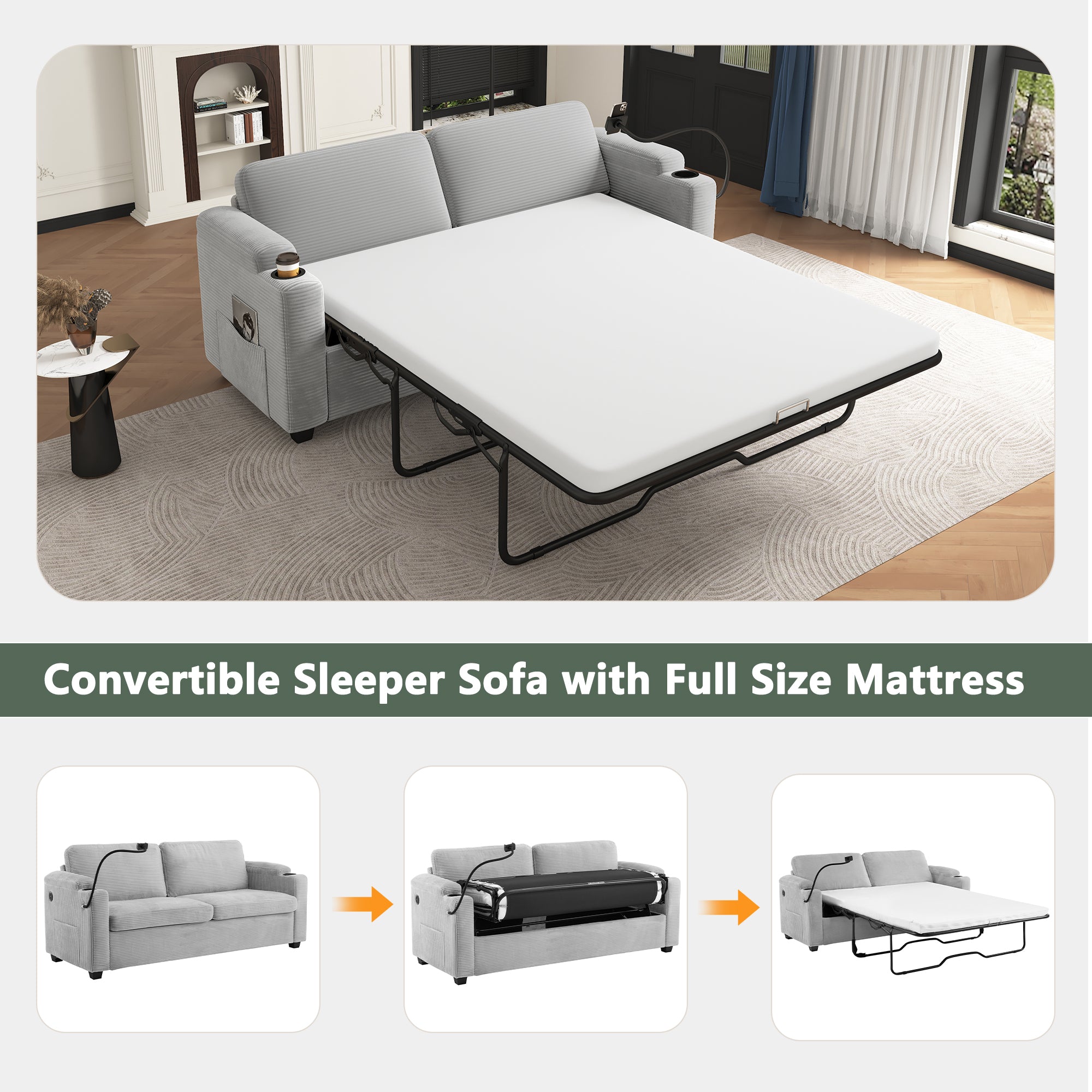 Corduroy Sleeper Sofa Loveseat with Full Size Mattress, USB Ports, Cup Holders, Side Pockets, and Phone Holder, Grey - Grand Goldman Shop