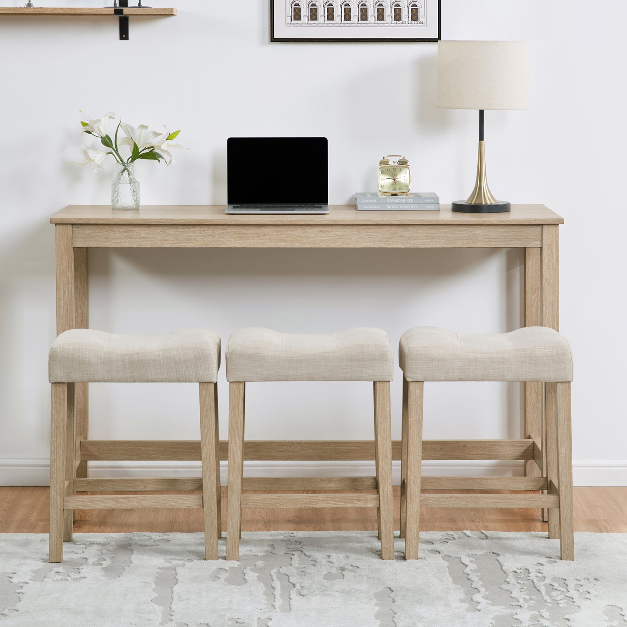 4 Piece Bar Table Set with Power Outlet, Bar Table Set with Chairs, Sofa Bar Table with Stools, Behind Couch Table with 3 Padded Stools for Living Room, Dining room, Light Oak - Grand Goldman Shop