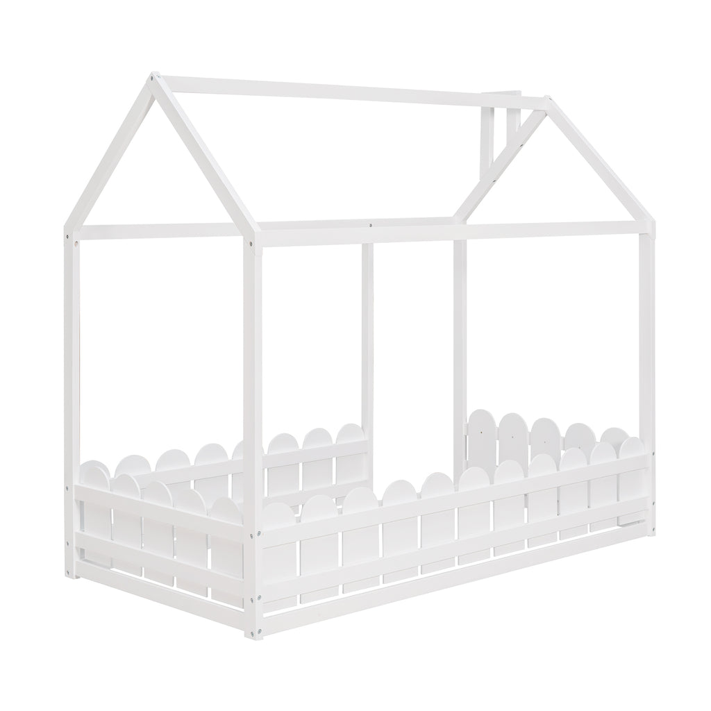 {Slats are not included}Twin Size Wood Bed House Bed Frame with Fence,for Kids,Teens, Girls,Boys {White}{OLD SKU:WF194274AAK} - Grand Goldman Shop