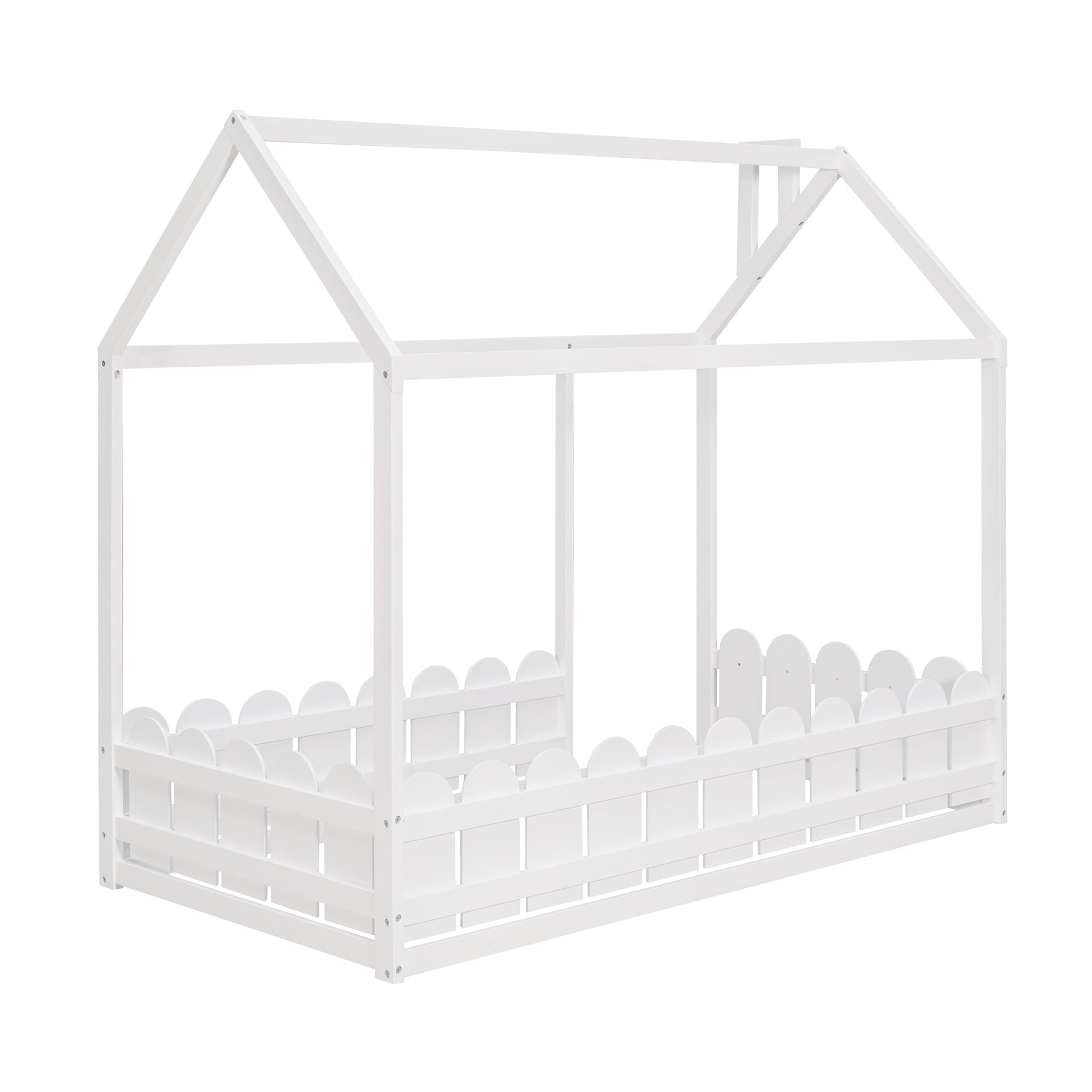 {Slats are not included}Twin Size Wood Bed House Bed Frame with Fence,for Kids,Teens, Girls,Boys {White}{OLD SKU:WF194274AAK} - Grand Goldman Shop