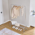 Heavy Duty Silver Iron Garment Rack with Basket on Wheels, 47.24 x 15.75 x 66.93 Inches - Grand Goldman Shop