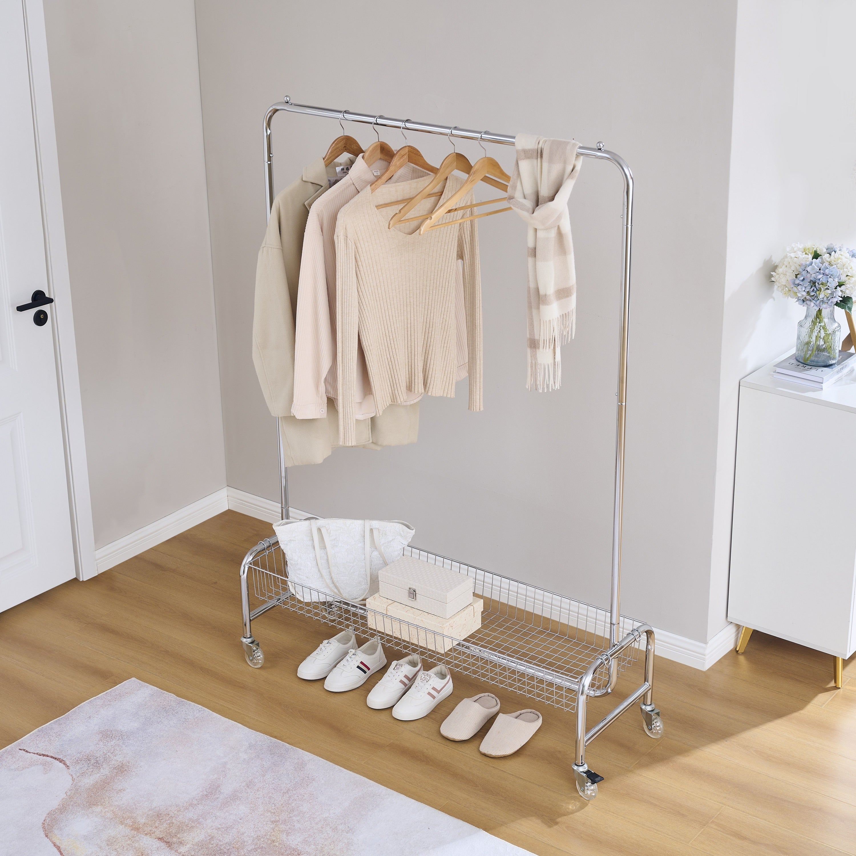 Heavy Duty Silver Iron Garment Rack with Basket on Wheels, 47.24 x 15.75 x 66.93 Inches - Grand Goldman Shop