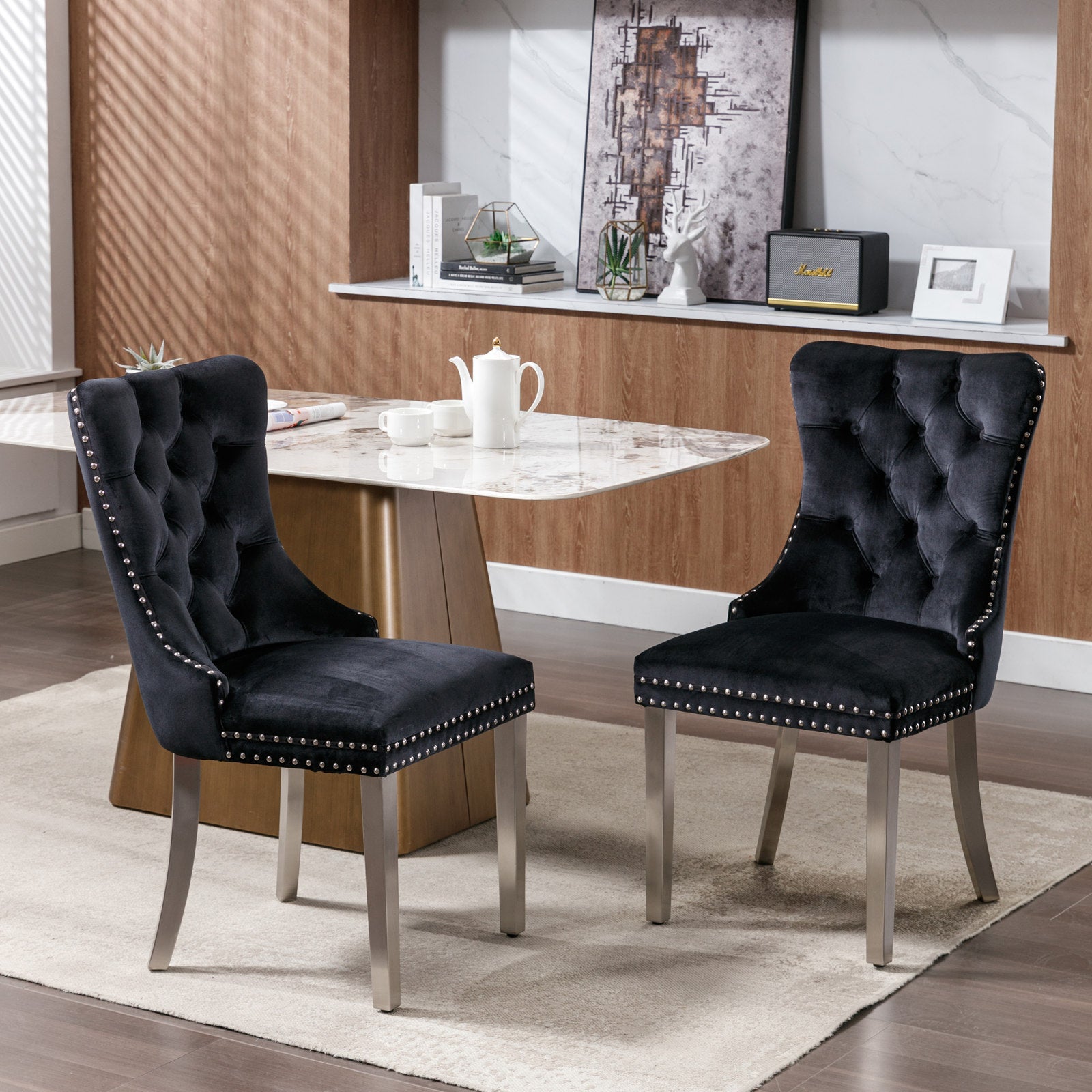 Nikki Collection Modern, High-end Tufted Solid Wood Contemporary Velvet Upholstered Dining Chair with Chrome Stainless Steel Plating Legs,Nailhead Trim,Set of 2,Black and Chrome, SW1701BK - Grand Goldman Shop