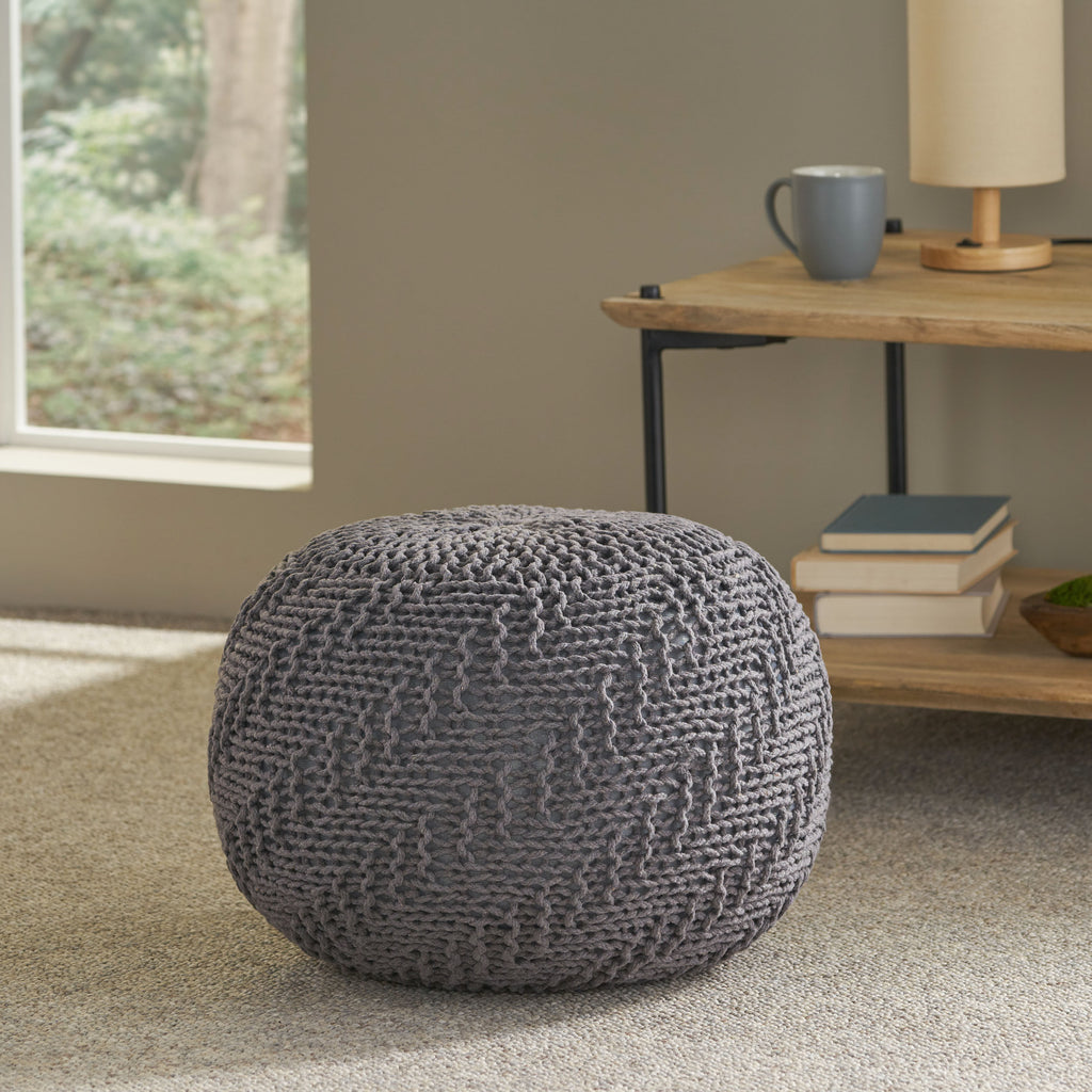 Hazel Modern Knitted Cotton Yarn Round Pouf with Eco-Friendly PET Fibers, Dark Grey, 20 x 20 inches - Grand Goldman Shop