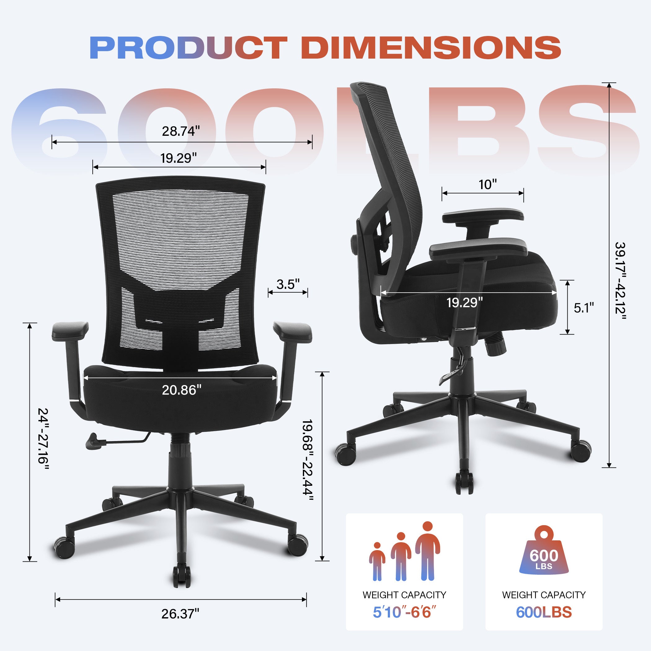 Big and Tall Office Chair 600lbs with Lumbar Support for Eight Hour Daily Work Ergonomic Mesh Desk Chair Widen 3D Cushion for
