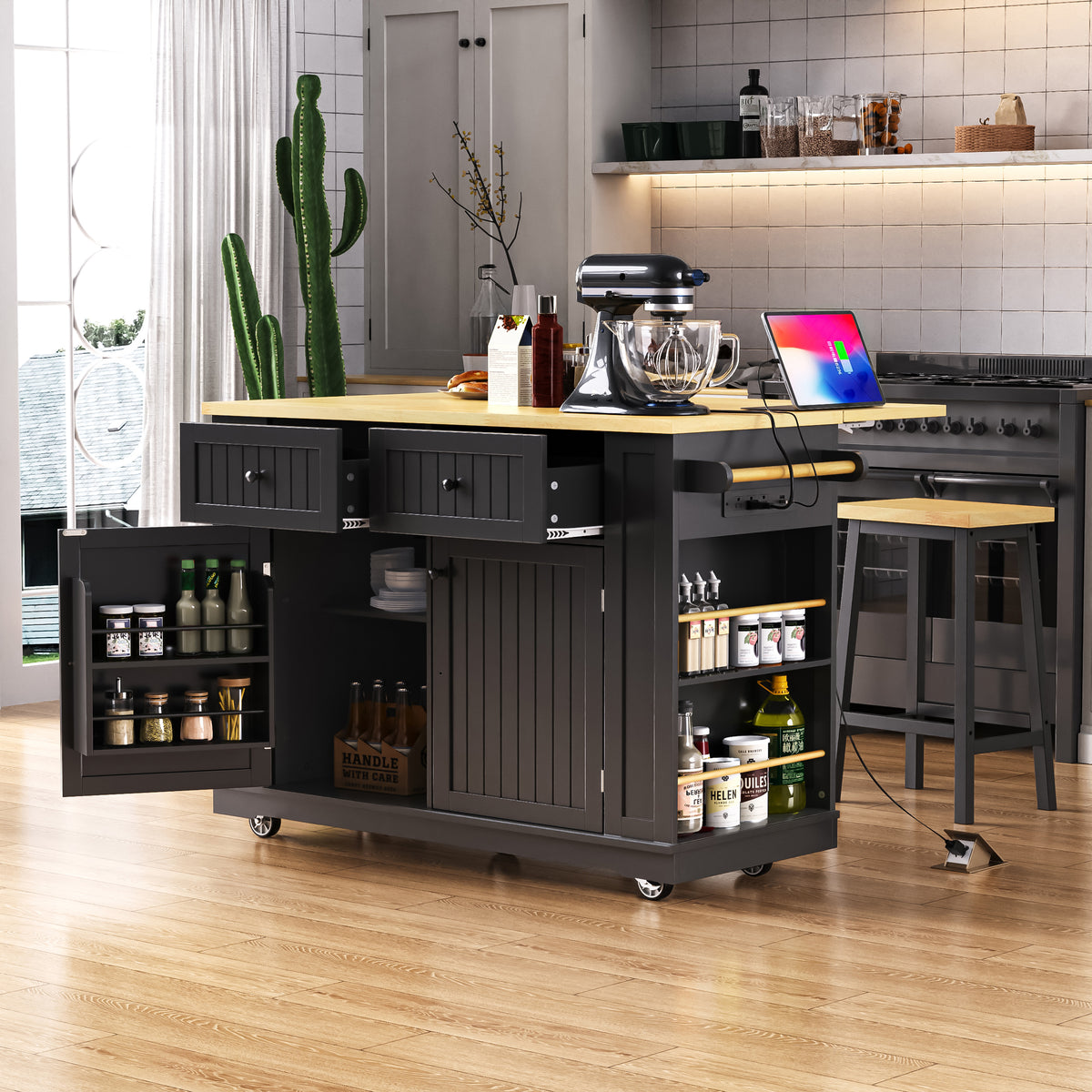 48 inch Kitchen Island with Drop Leaf,Power Outlet,Internal Storage Rack,Rolling Kitchen Storage Cart on 5 Wheels with 5 Open Side Racks,for Kitchen,Black (Old SKU N707P257057B)(Not Include Stools) - Grand Goldman Shop