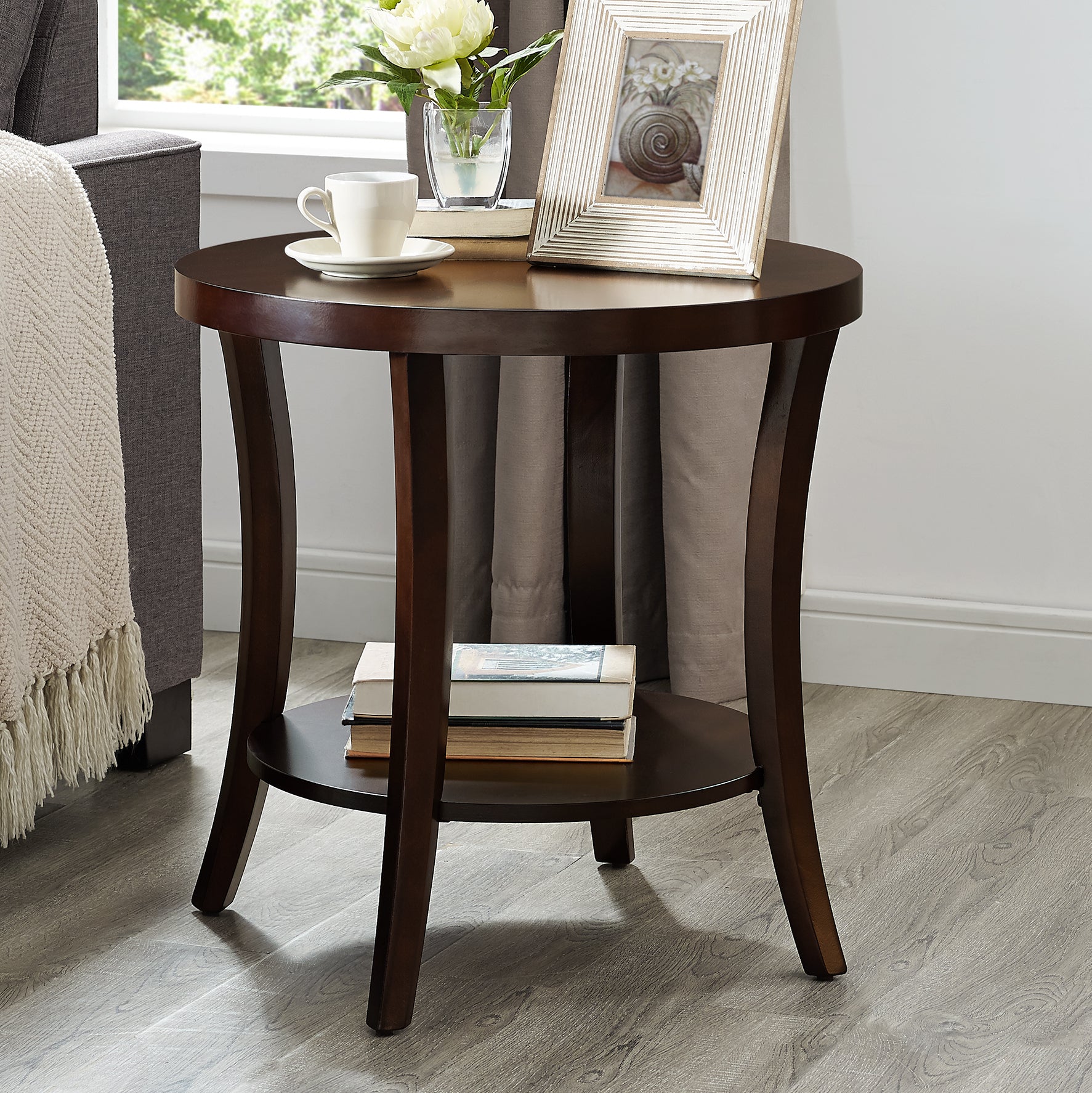 Perth Contemporary Round Shelf End Table, Espresso - Grand Goldman Shop