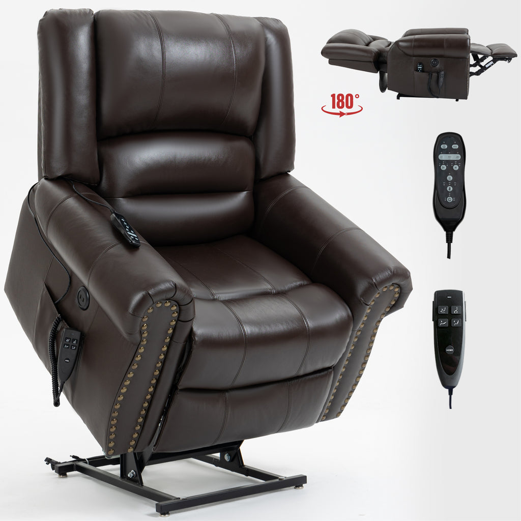 Power Lift Recliner Chair Heat Massage Dual Motor Infinite Position Up to 350 LBS, Genuine Leather, Heavy Duty Motion Mechanism with USB Ports, Brown - Grand Goldman Shop