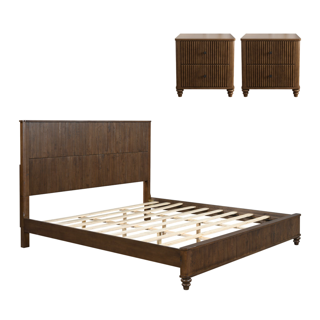 3-Piece Bedroom Set with King Bed and 2 Nightstands, Walnut Brown - Grand Goldman Shop