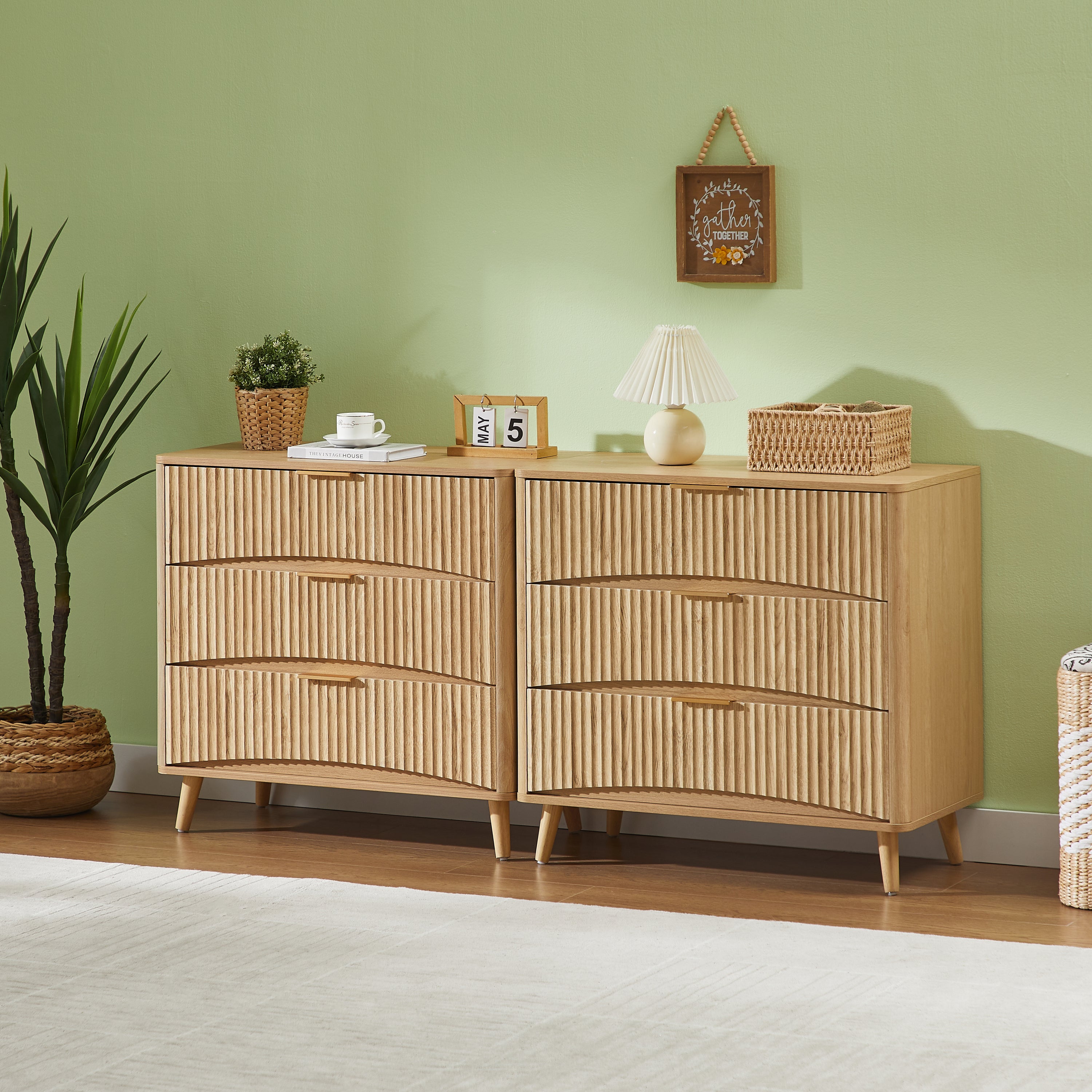 Fluted 3 Drawer Dresser, Modern Tall Chest of Drawers with Vertical Grooved Design, Wood Storage Cabinet with Metal Handles for Bedroom Living Room, Oak. (23.6'W x 15'D x 30'H). - Grand Goldman Shop