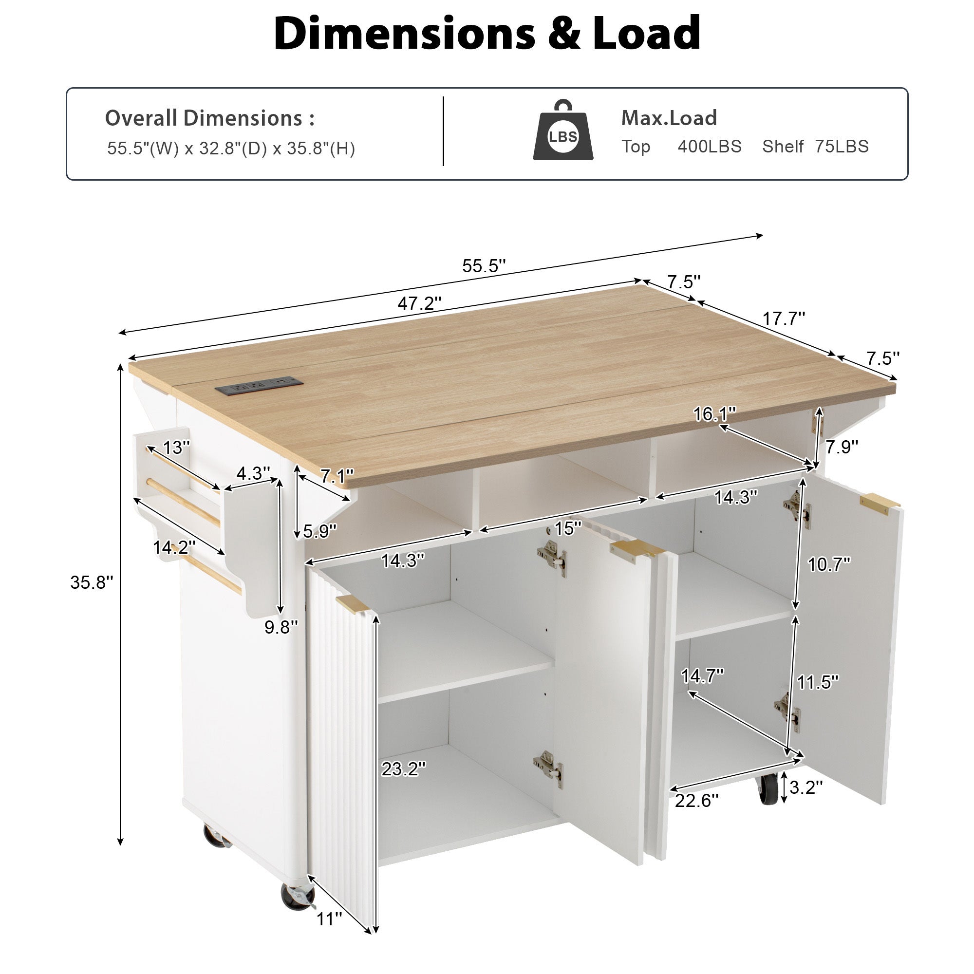 K&K 55.5' Fluted Kitchen Island with 2 Drop Leaf, Kitchen Storage Cart with Power Outlet, 4 Doors, Spice rack, Rolling Island Table with Wood-grain Top, Curved Edge for Kitchen, Dining Room,White - Grand Goldman Shop