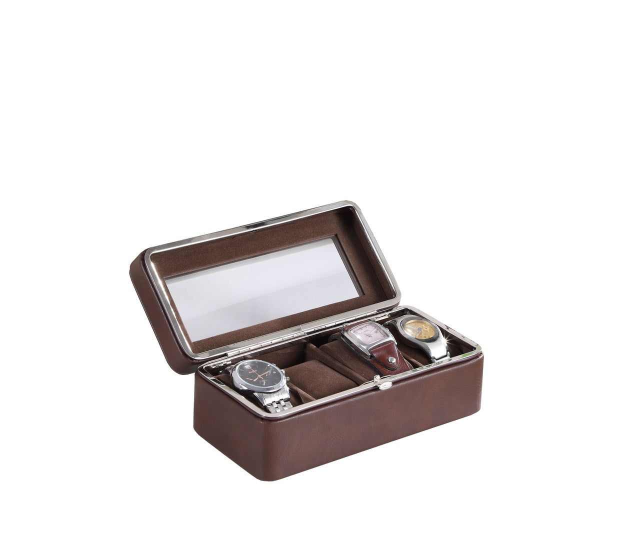 8' Long Tempered Glass and Leather 4-Slot Watch Display Case, Brown - Grand Goldman Shop