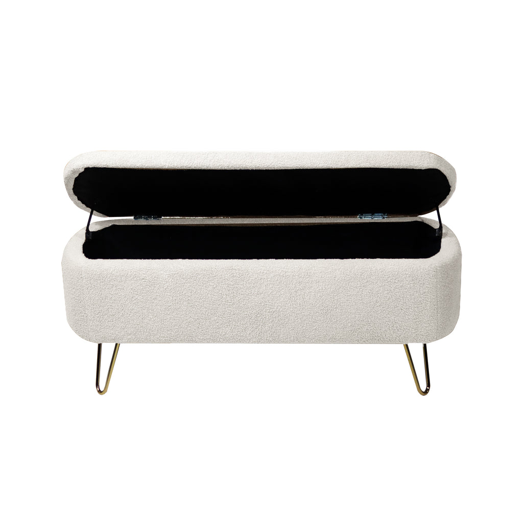 Ivory White Storage Ottoman Bench for End of Bed Gold Legs, Modern Ivory White Faux Fur Entryway Bench Upholstered Padded with Storage for Living Room Bedroom - Grand Goldman Shop