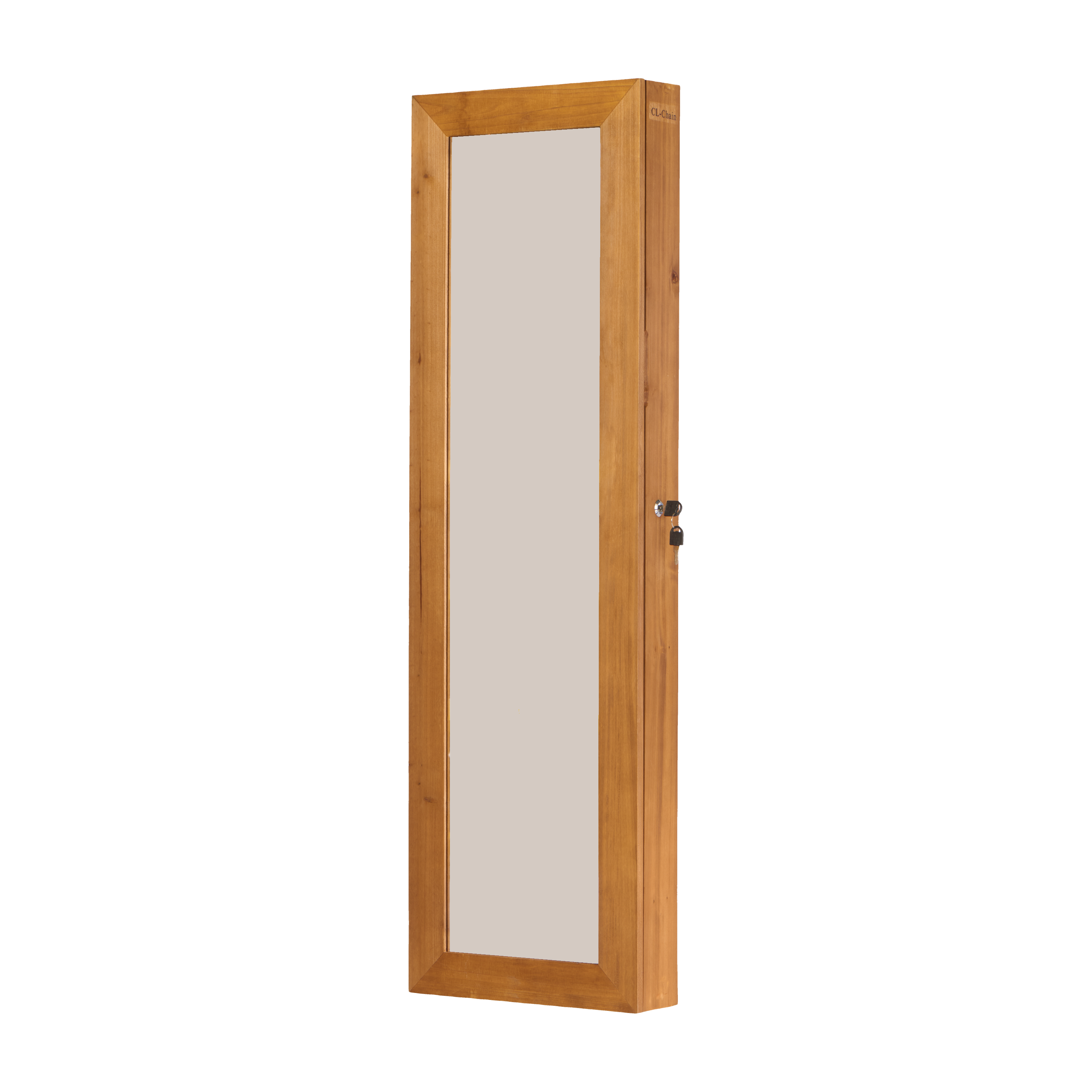 Solid Wood Jewelry Armoire Organizer Cabinet with Full-Length Mirror, Light Brown, 47.5x14.3 in Wall-Mounted Lockable with LED Light - Grand Goldman Shop