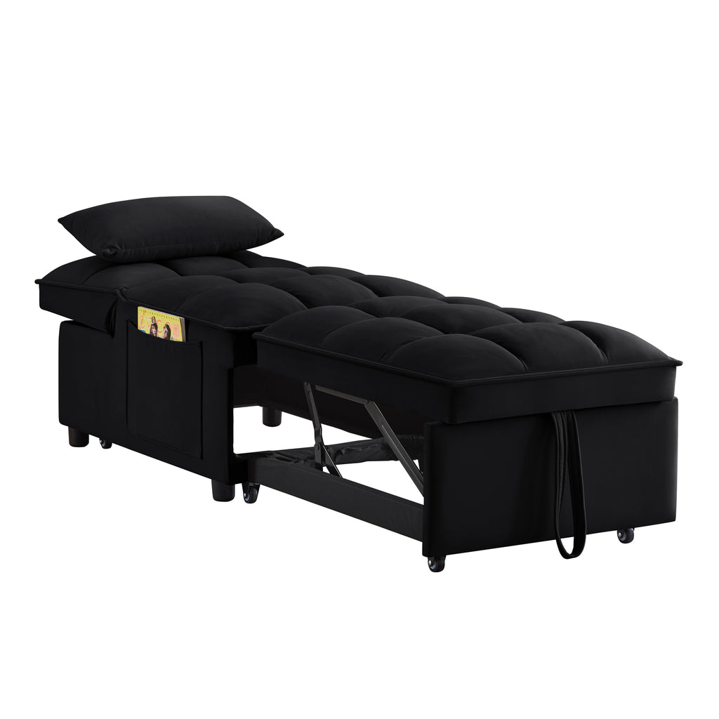 4 in1 Multi-Function Single Sofa Bed with Storage Pockets,Tufted Single Pull-out Sofa Bed with Adjustable Backrest and Pillows ,Convertible  Chaise Lounge,Black - Grand Goldman Shop