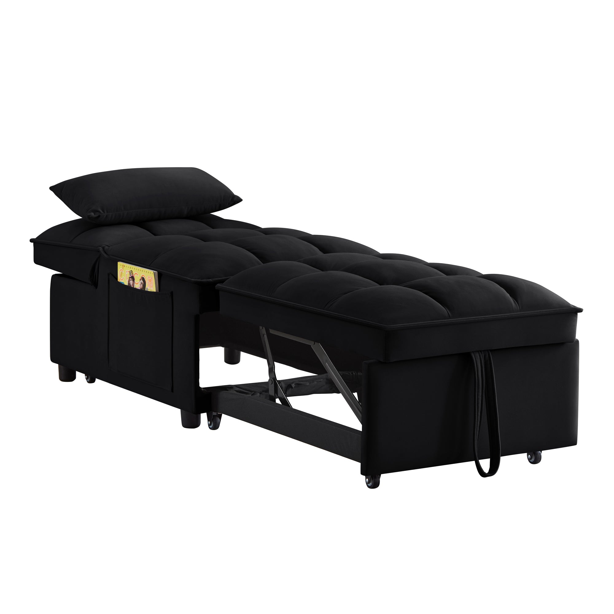 4 in1 Multi-Function Single Sofa Bed with Storage Pockets,Tufted Single Pull-out Sofa Bed with Adjustable Backrest and Pillows ,Convertible  Chaise Lounge,Black - Grand Goldman Shop