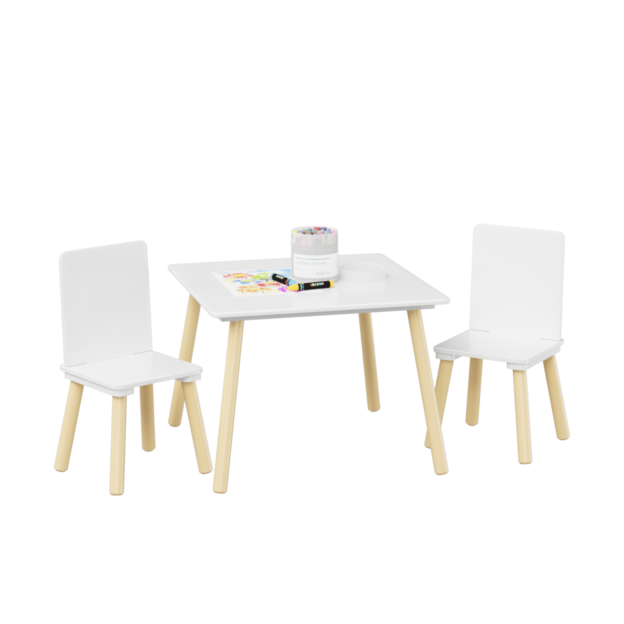 White Wooden Kids Table and 2 Chairs Set, 3-Piece Toddler Activity Play Table with Solid Wood & MDF Construction, Compact Siz